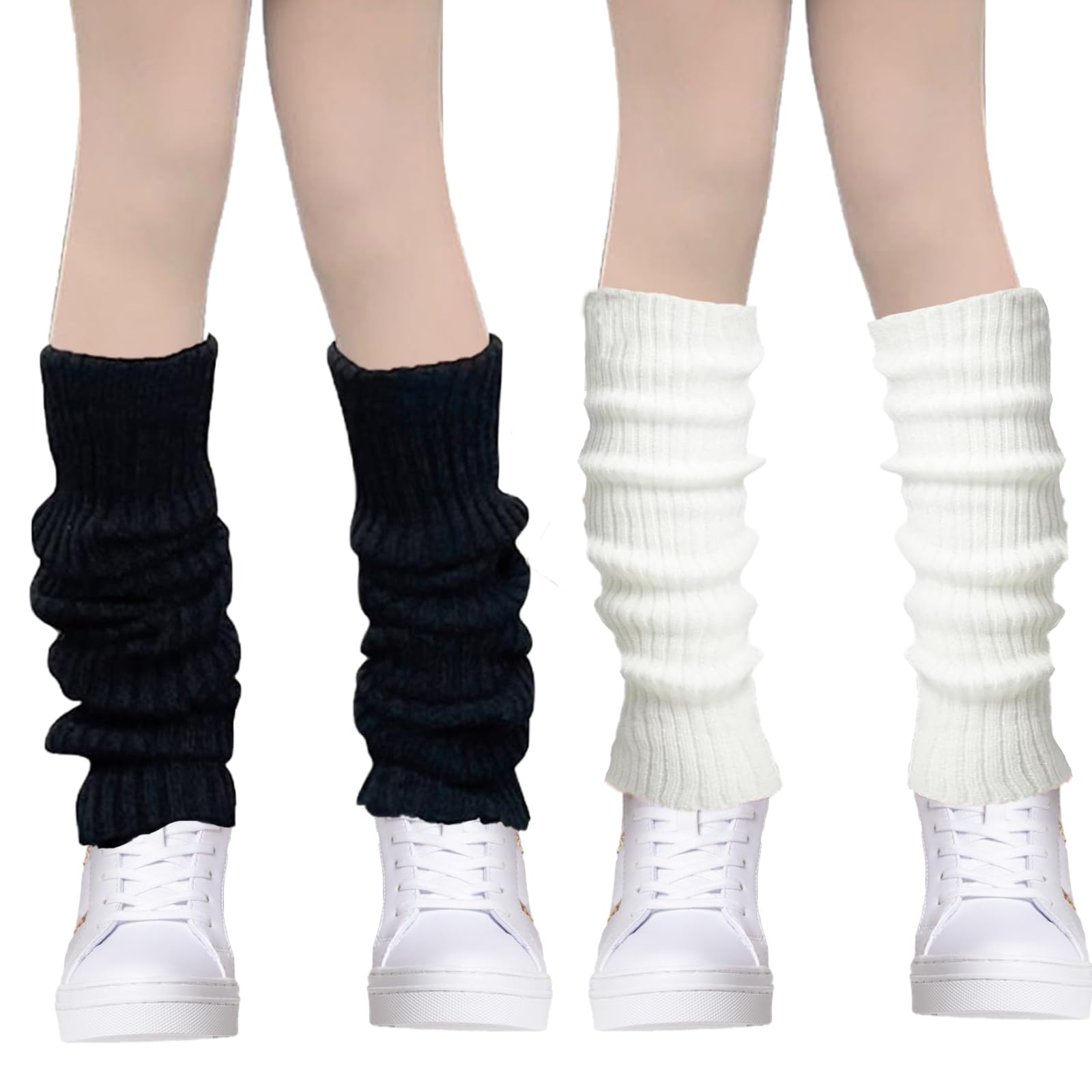 2 Pairs Leg Warmers in Black and White - Fashion Long Boot Cuff Knee Socks for 80s Party, Yoga, Ballet, Dance, Ice Skating