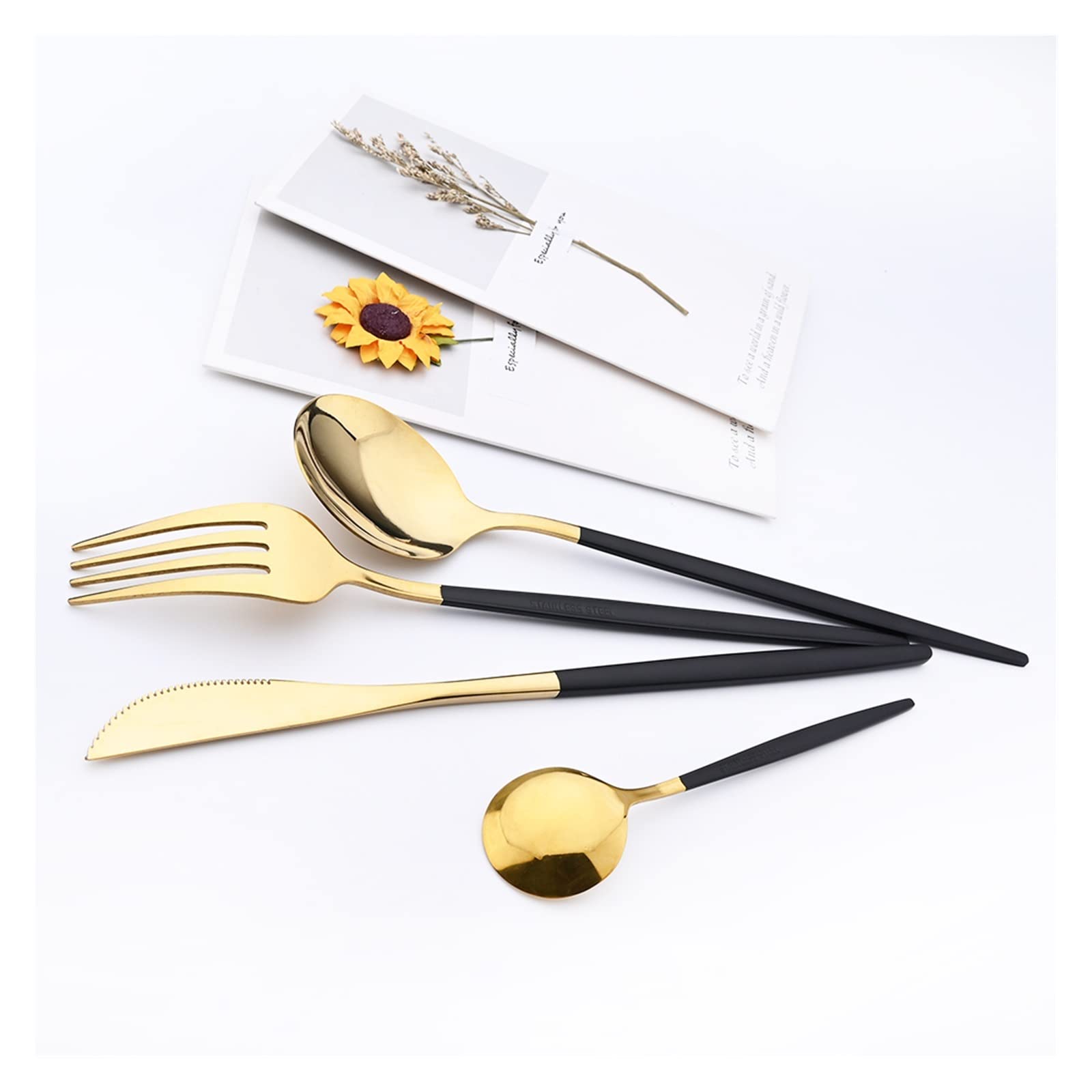 Couverts en Or Noir 6/24 pièces Ensemble de Couverts dorés Ensemble de Vaisselle en Acier Inoxydable Ensemble de cuillères à café Vaisselle fourchettes Couteaux cuillères Nouveau Leisurely (Co