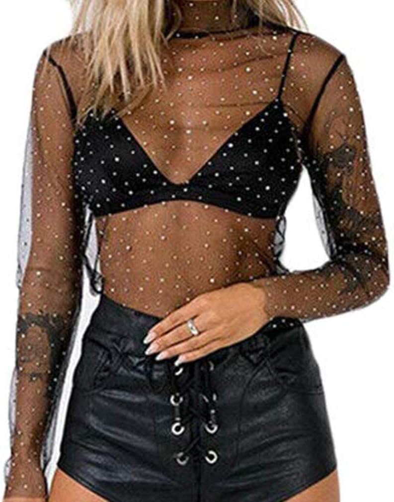 Women's Mesh Tops Long Sleeve See Through Sheer Glitter Sequin Tops Turtleneck Neck Blouse Sexy Clubwear T Shirts - Image 2