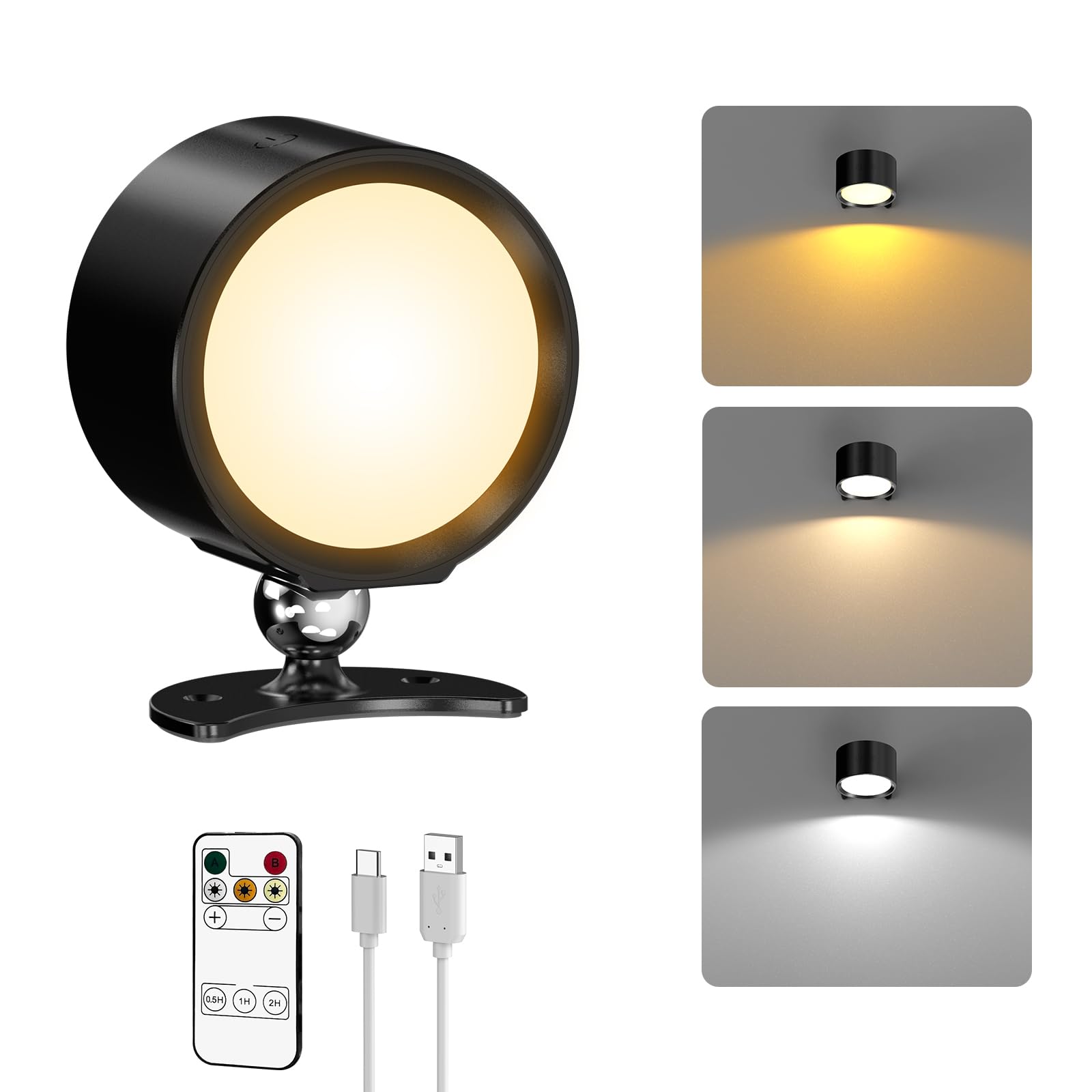 Smiling Shark Wireless Rechargeable Wall Light, LED Battery Powered Wall Light Indoor Dimmable 360° Rotate Magnetic Self Adhesive Wall Lamp no Drilling for Bedroom Bedside, Black