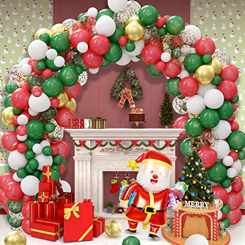Merry Christmas Balloon Arch Garland Kit, 114 Pieces Green Red White Gold Confetti Balloons with Santa Claus Mylar Balloon for Christmas Party Decorations New Year Baby Shower Birthday Party Supplies