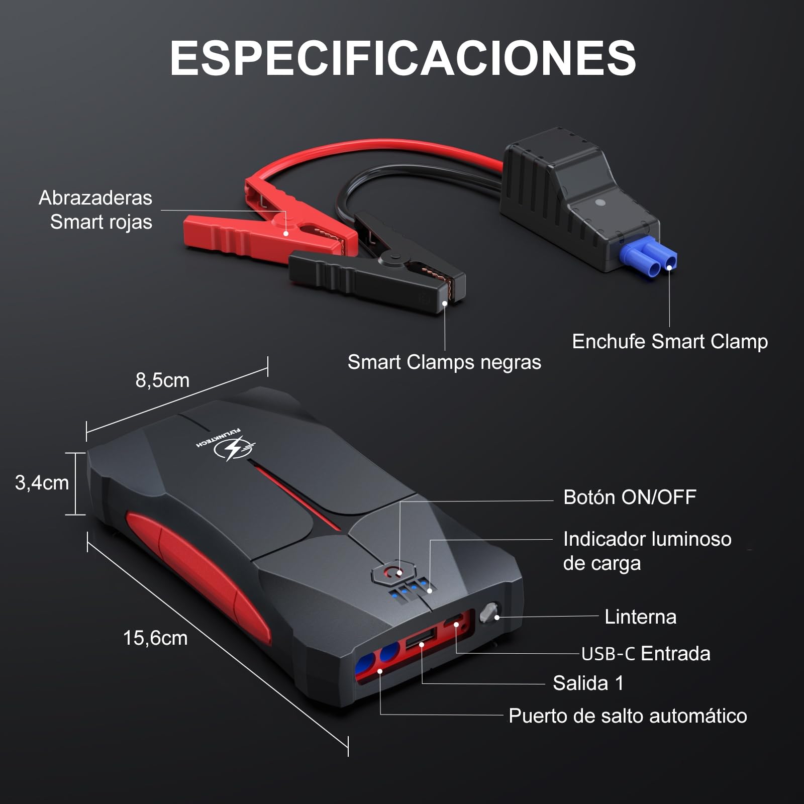 FLYLINKTECH Arrancador de Coches, 4000A 13200mAh Arrancador de Baterias de Coche (hasta 9.0L Gas o 8.5L Diesel), 3 Modos Linterna LED, Puerto USB