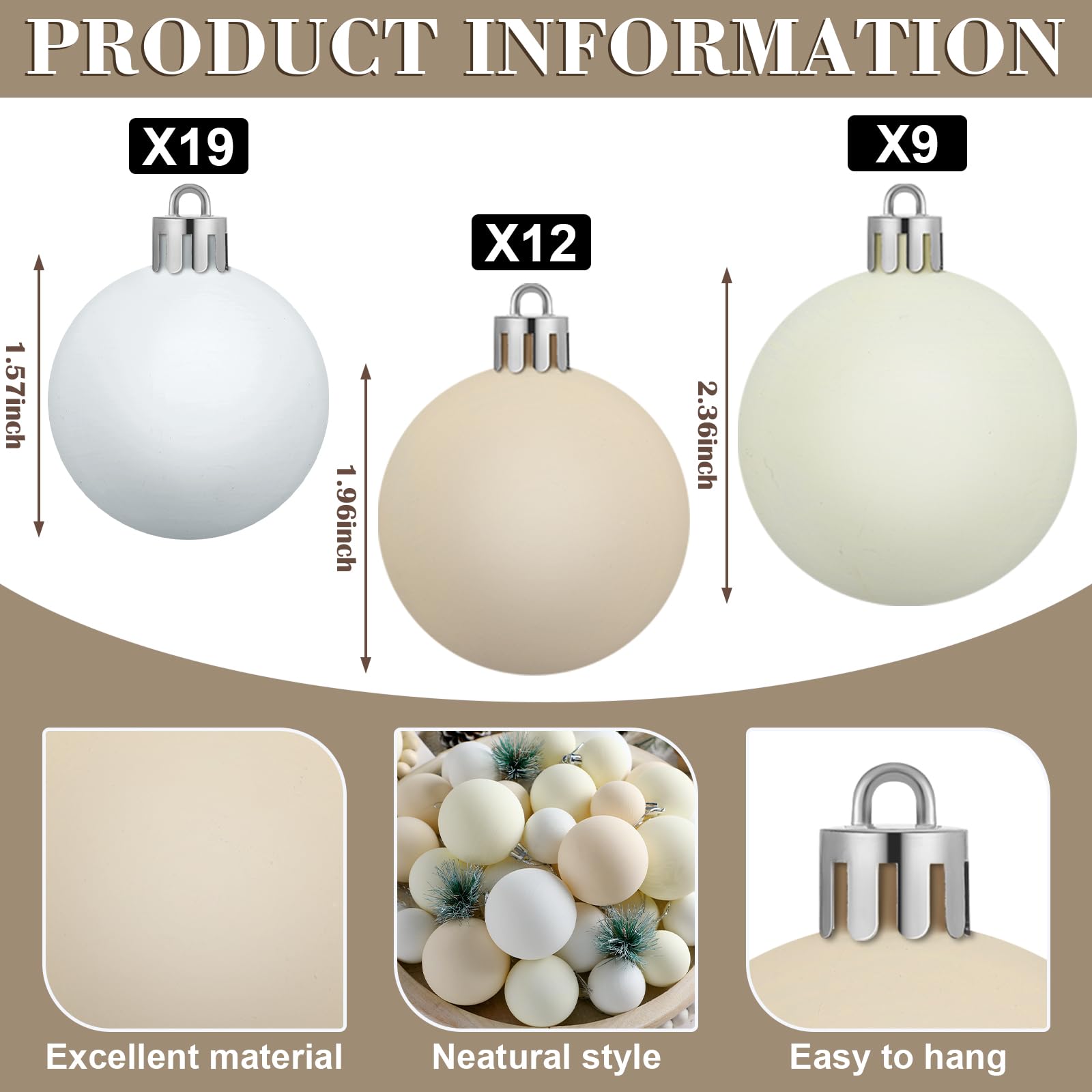 Lot de 40 boules de Noël rustiques texturées et incassables pour sapin de Noël, décorations d'intérieur rustiques (4,9 cm, 5,9 cm, 5,9 cm, 6 cm, crème)