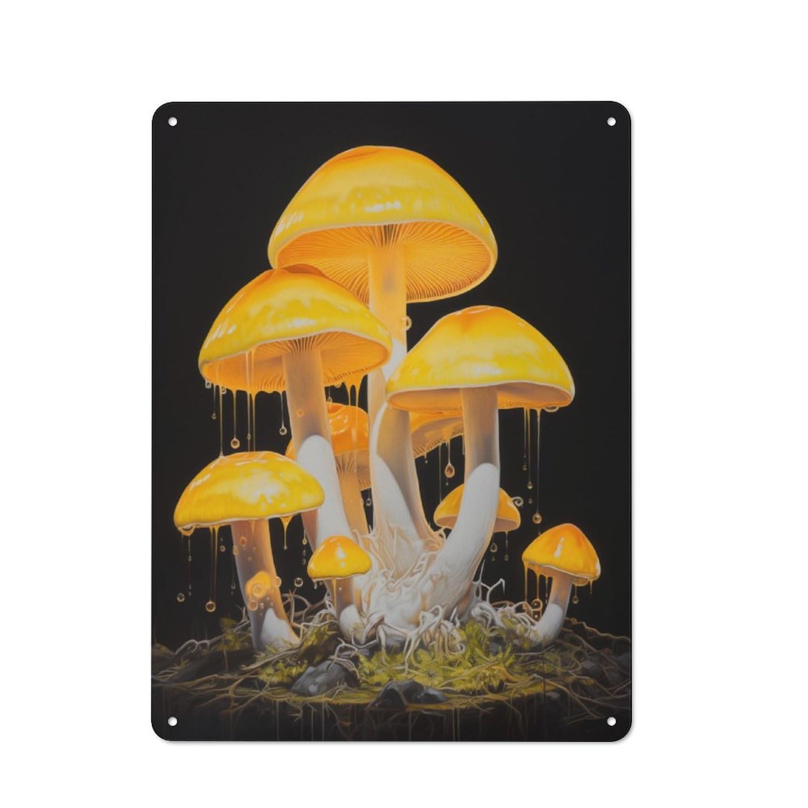 Junmoney Mushrooms In Yellow Tin Wall Plaque 40X30cm With For Guest Room Or Hallway, For Home Office, Studio And Craft Room Walls