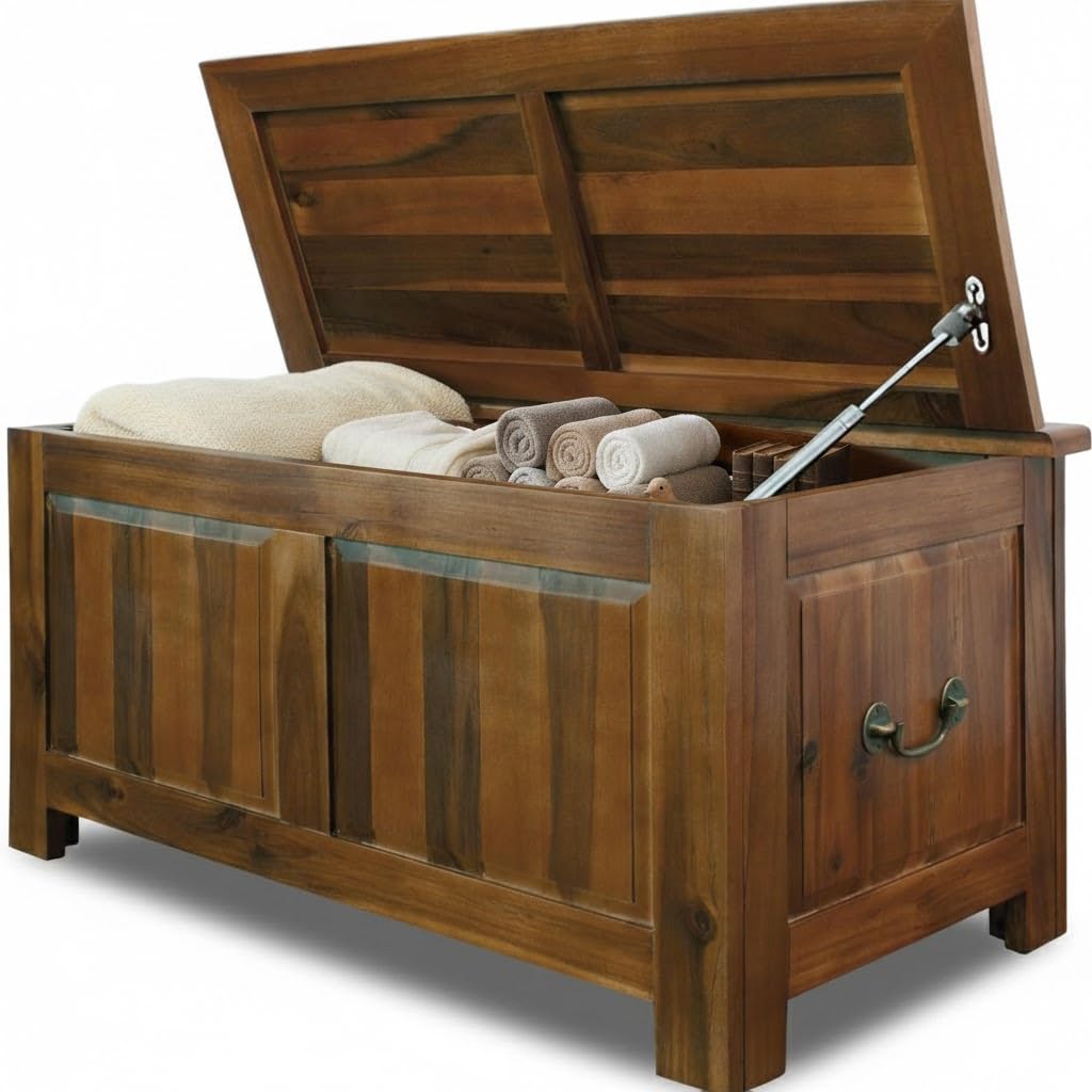 CASARIA® Large Wooden Chest Storage Box | 103L Capacity | Bench Sideboard Basket with 160kg Load Capacity | Ottoman Chest, Acacia, Colonial-Style | Shoe Storage Home Furniture | Brown