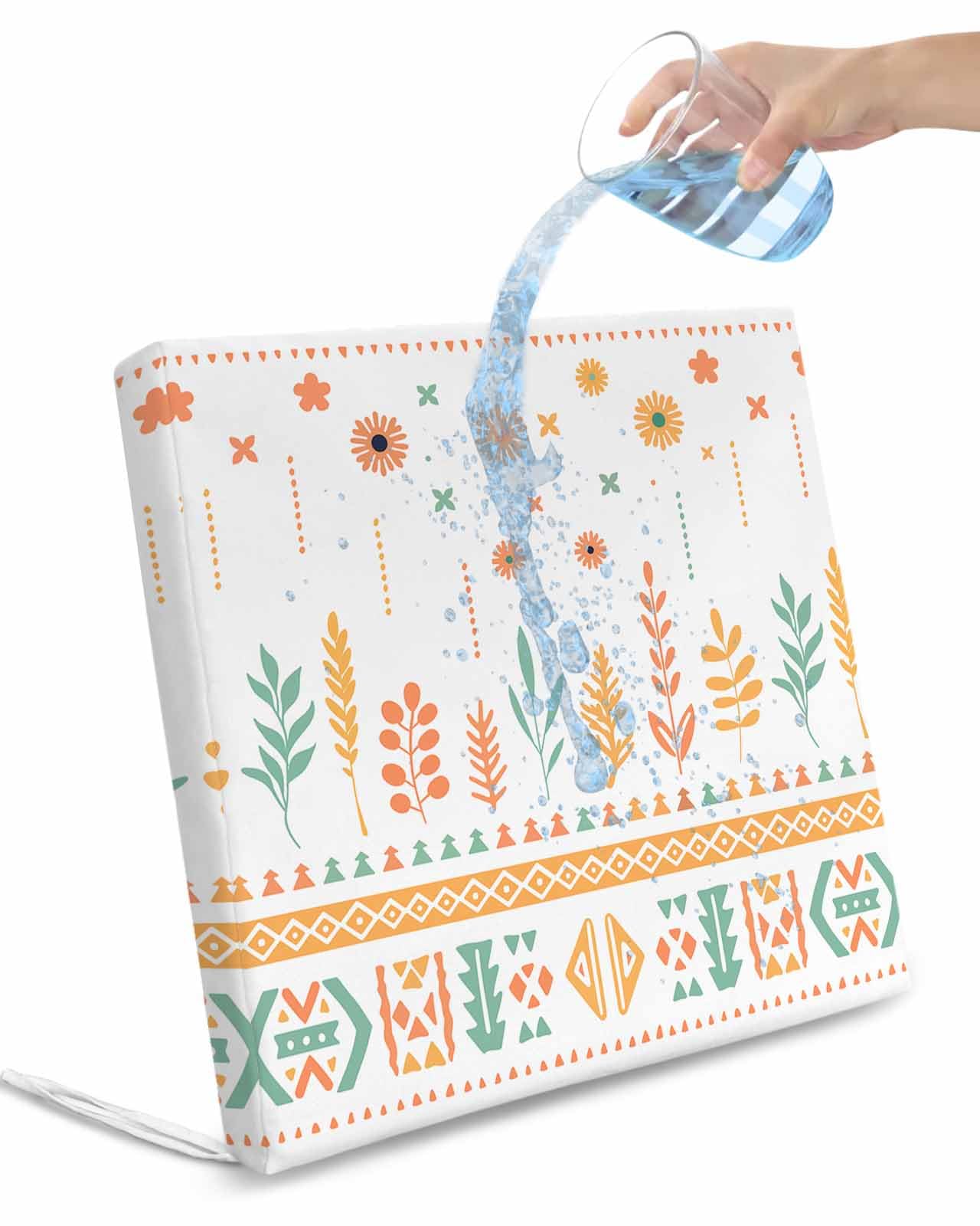 4 Pack Orange Boho Floral Waterproof Cushion Covers with Ties Outdoor Patio Chair Seat Cushion Slip Covers Replacement(Only Cover) Botanical Mexican Aztec Geometric Stripe 22''x20''x4''