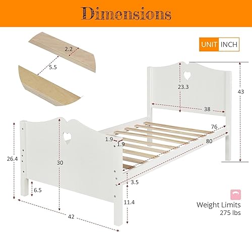 Miniatura 2 de Cama individual de madera para niñas, con marco, cabecera y piecera para niñas y niños pequeños