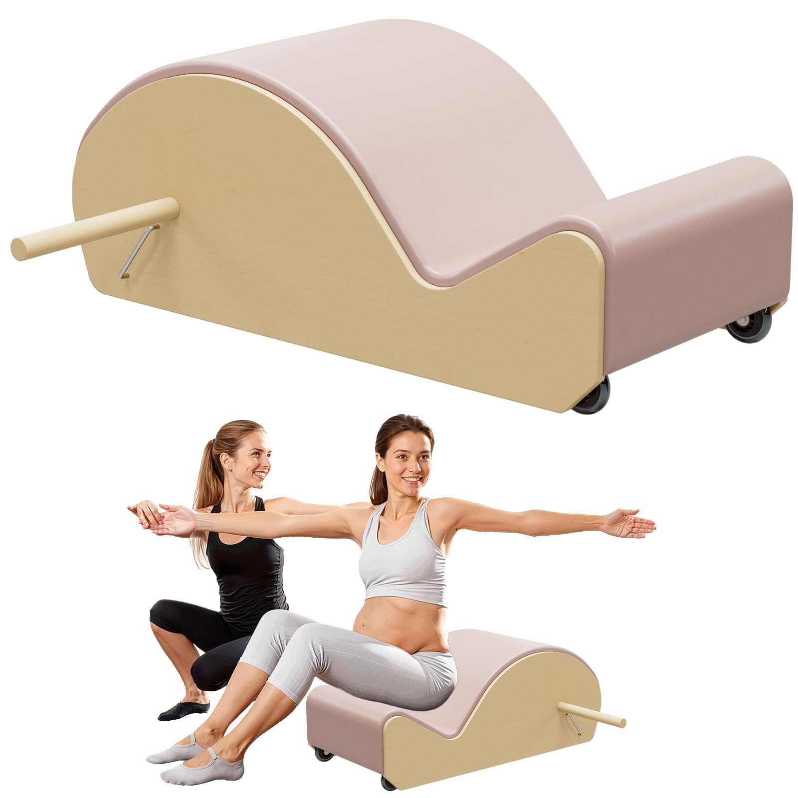 GDMSTIH Wooden Pink Pilates Arc with Spine Corrector for Core Strengthening Back Pain Relief, Pilates Spinal Corrector Arch Barrel for Back
