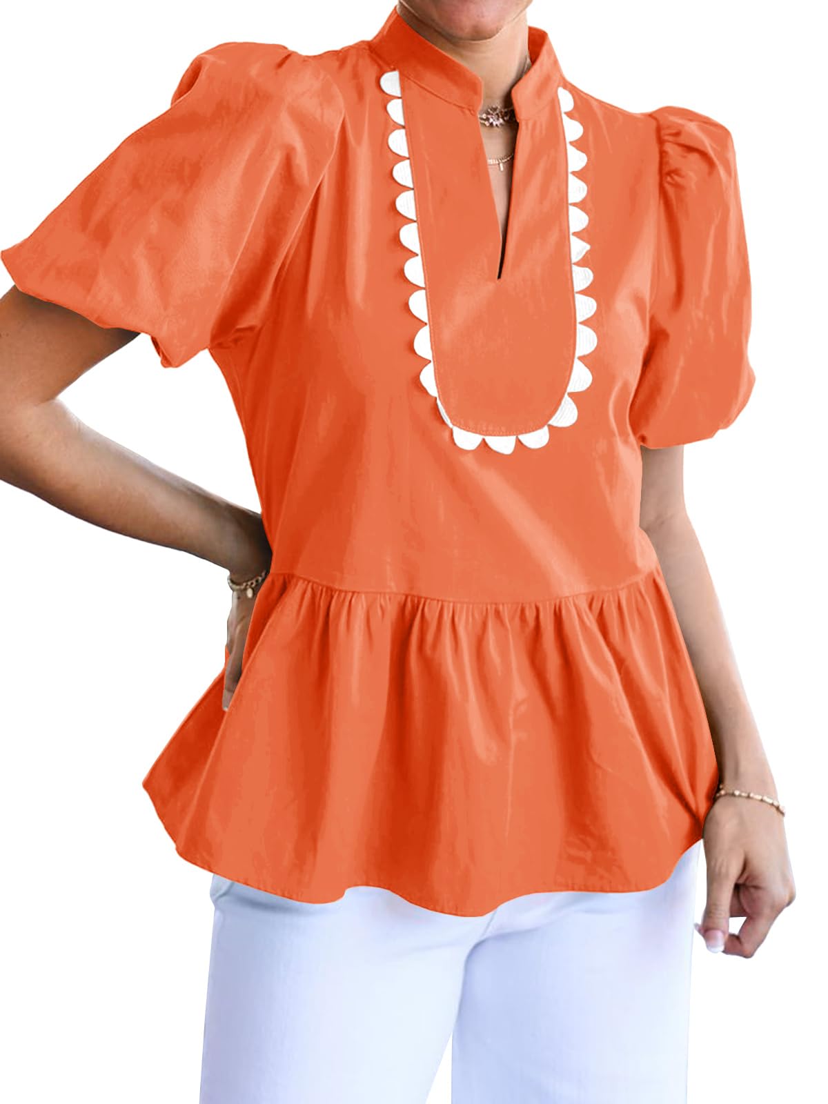 Cicy Bell Chemisier péplum à manches bouffantes et col en V pour femme | Chemises habillées décontractées, coupe ample