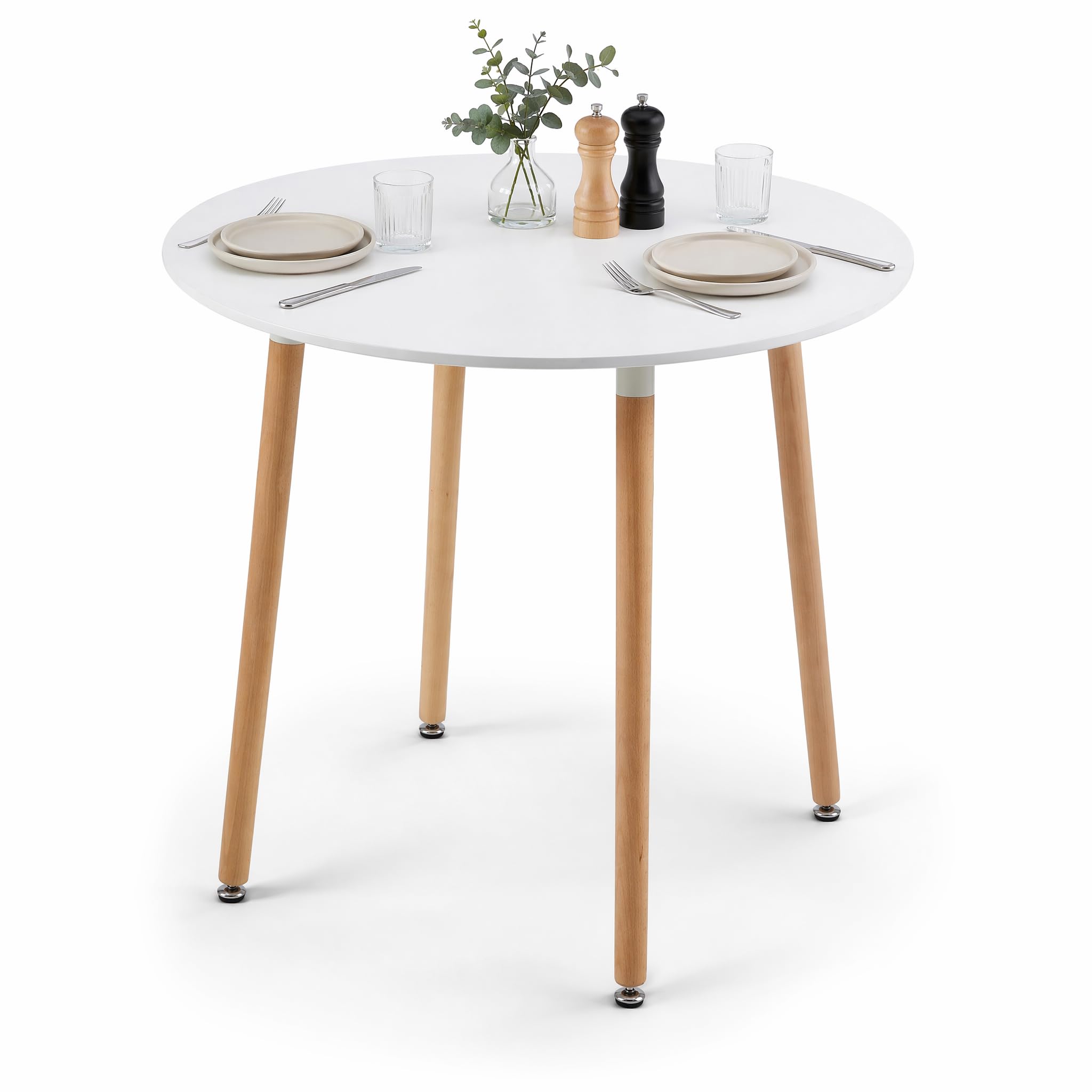 buybyroom White Small Round Dining Table for 2-4, 80 x 80 x 74cm, Small Kitchen Table for Space Saving, Kitchen Home Restaurant, with Beech Wood Legs and Adjustable Anti-Scratch Foot Pads