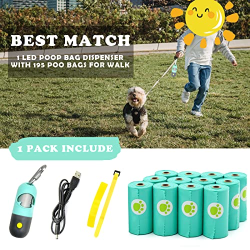 Image of Dog Poop Bags Holder with LED Flashlight Doggie Poo Bag Dispenser for Leash Hands-free Pet Waste Bags Pouch with Rechargable Battery and USB cable (1 Holder 195 Bags, Mint Green)