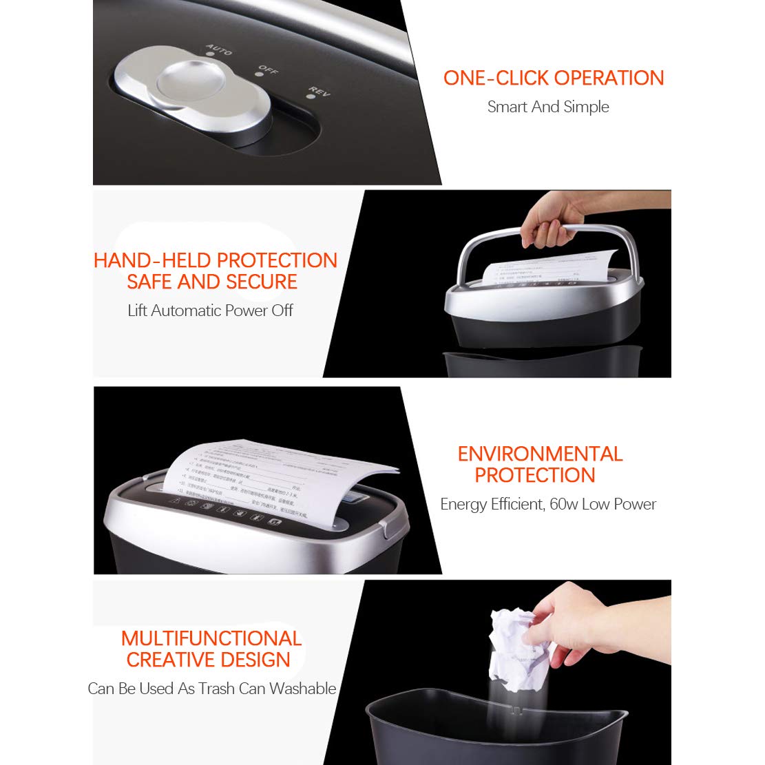 Trituradora silenciosa para papel, tritura 6 hojas a la vez, tiempo de funcionamiento de 10 minutos, tamaño de corte de 5 x 40 mm, cubo de basura de 15 litros de capacidad