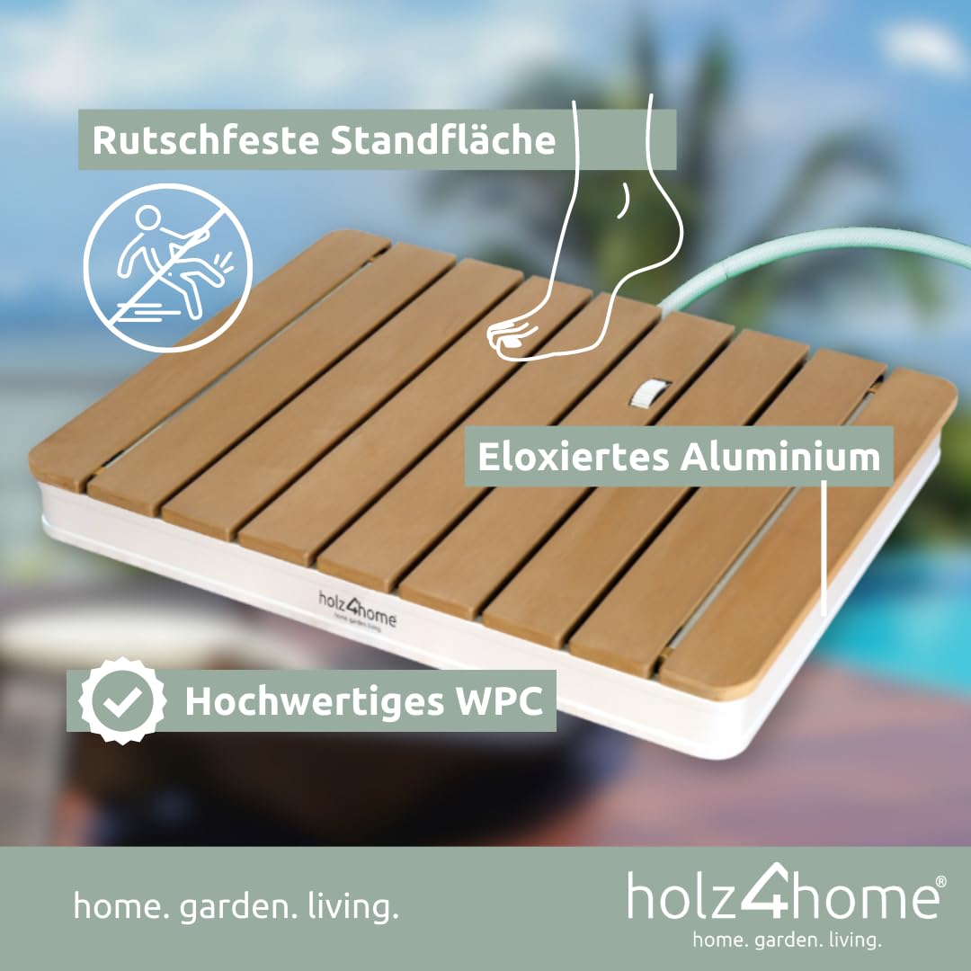 holz4home® Bodendusche als Gartendusche oder Pooldusche I Eckig aus WPC und Aluminium I Höhenverstellbarer Wasserstrahl mit Fußrad I Saunadusche Outdoor mit Gartenschlauchanschluss