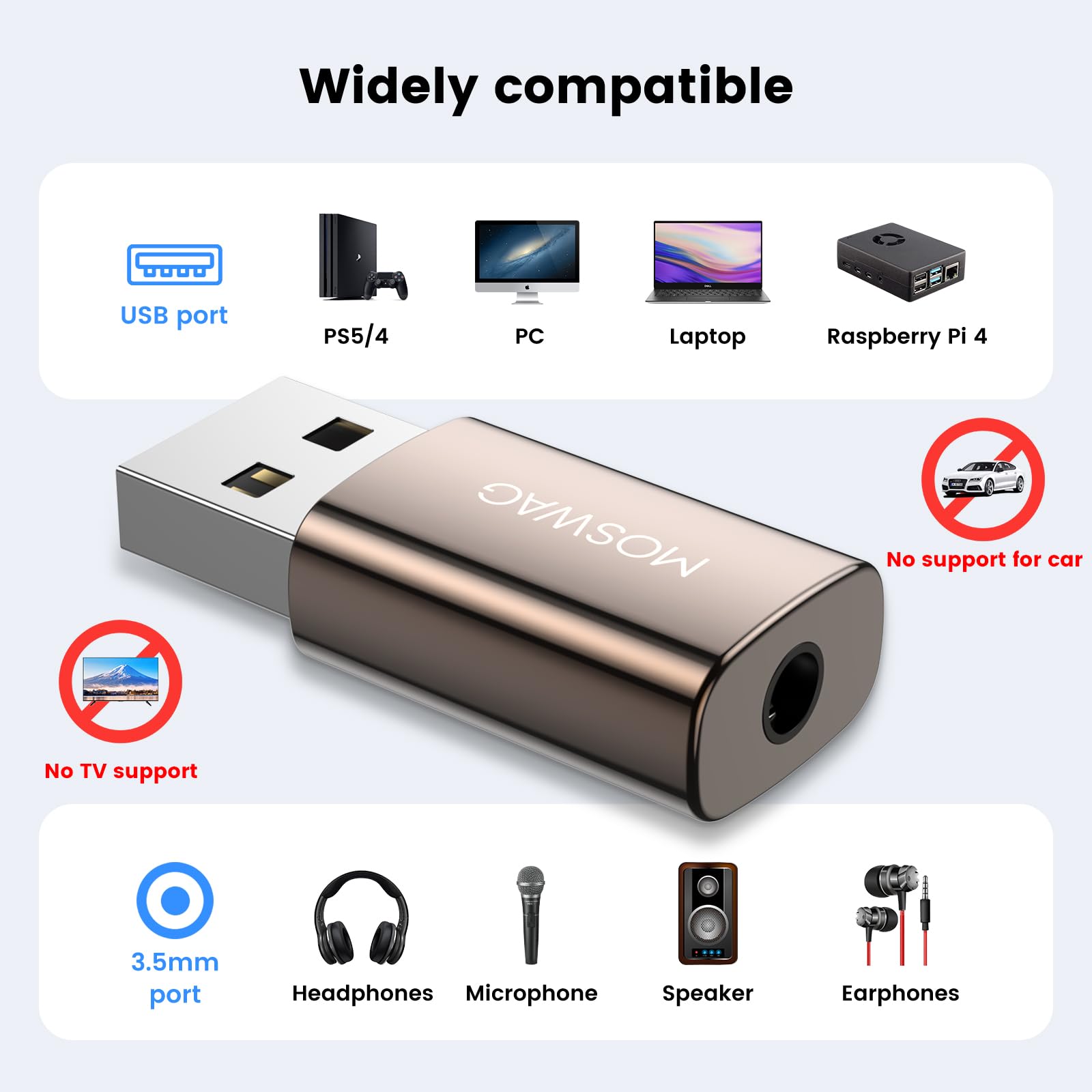 MOSWAG Adattatore audio da USB a jack da 3,5 mm, adattatore audio jack per scheda audio esterna, convertitore AUX per microfono TRRS USB compatibile con cuffie, PC, laptop, Mac, desktop, Linux, PS4 e