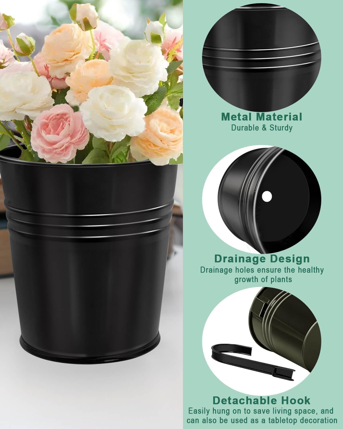 6 Inch Railing Planter for Outdoor Plants - 12 Pack Small Balcony Hanging Flower Pots with Detachable Hooks and Drain Holes Metal Oval Bucket Rail Box Fence Planters for Home Garden Decor, Black
