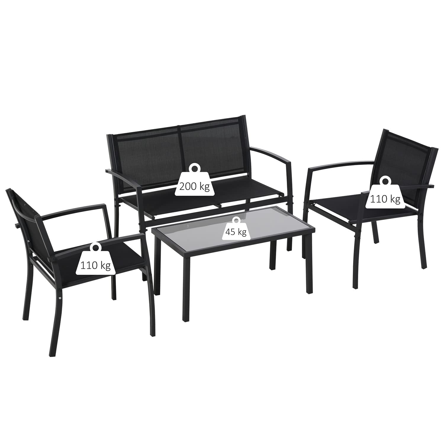 FRANKYSTAR Adelaide - Salottino da giardino di design con divanetto + 2 poltrone + tavolino da caffè con ripiano in vetro. Set lounge da esterno 4 pezzi in metallo e textilene nero