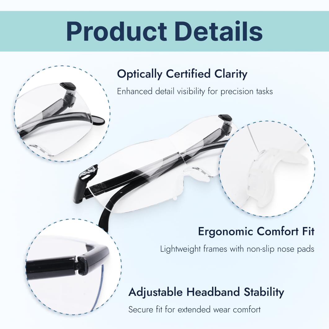300% Hands-Free Magnifying Glasses for Reading, Crafts, Jewelry, and Hobbies, Comfortable Lightweight Eyeglasses with Silicone Nose Pad, Ideal for Close Work and Small Print, Non-Lighted Magnifier - Image 2
