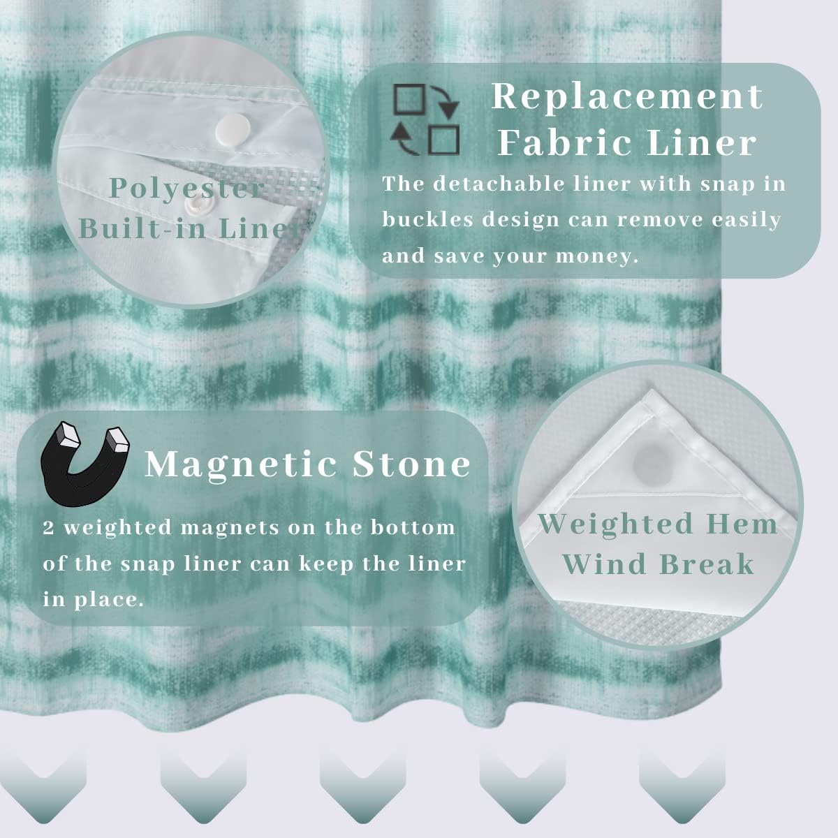 Hotel Grade Waffle Weave Fabric Hook Free Shower Curtain with Magnets Snap-in Liner - Heavy Duty Bath Curtain with See Through Top Machine Washable 71" W * 79“ L Green
