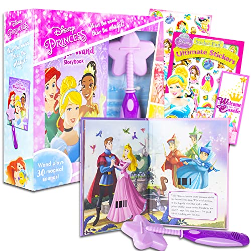 Disney Princess Book with Wand Set | Bundle with Disney Princess Story Book, Magic Wand with 30 Sounds, Disney Princess Sticker Book with Coloring Figures, Castle Door Hanger