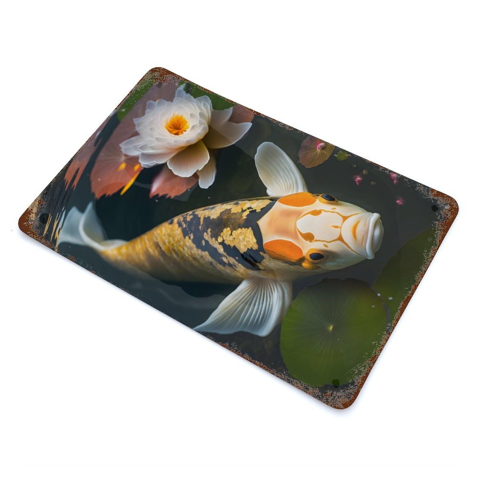 Garage Style Koi Fish Pond Meditation Vintage Rust Metal Sign 11.8"x7.9", Vintage Wall Decor for Bar And Workshop