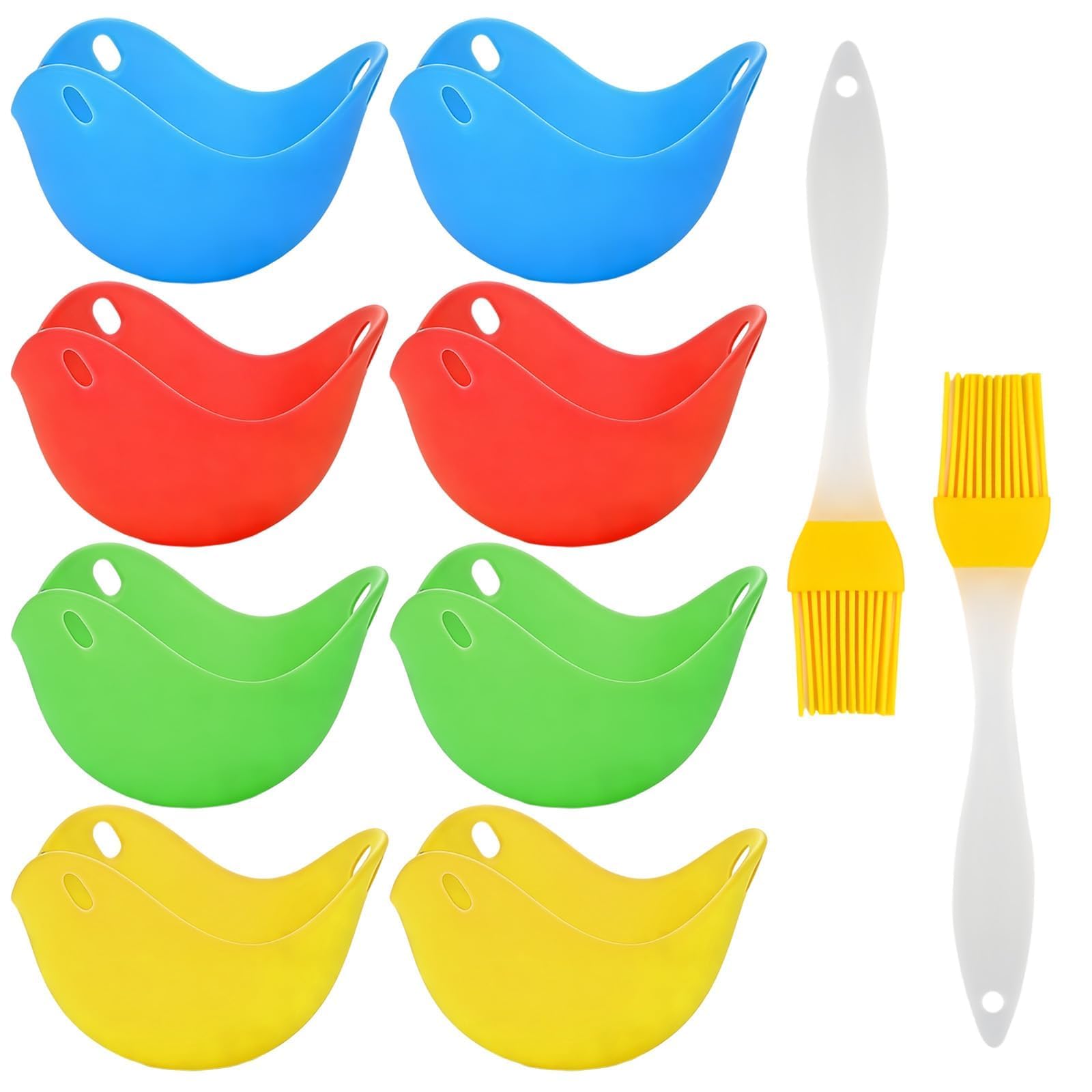 10Pcs Silicone Egg Poachers Set, with Silicone Food Brushes, Microwave Poached Egg Maker Poached Eggs Moulds Eggs Poacher Cups (2 Green 2 Yellow 2 Blue 2 Red and 2 Yellow Brushes)