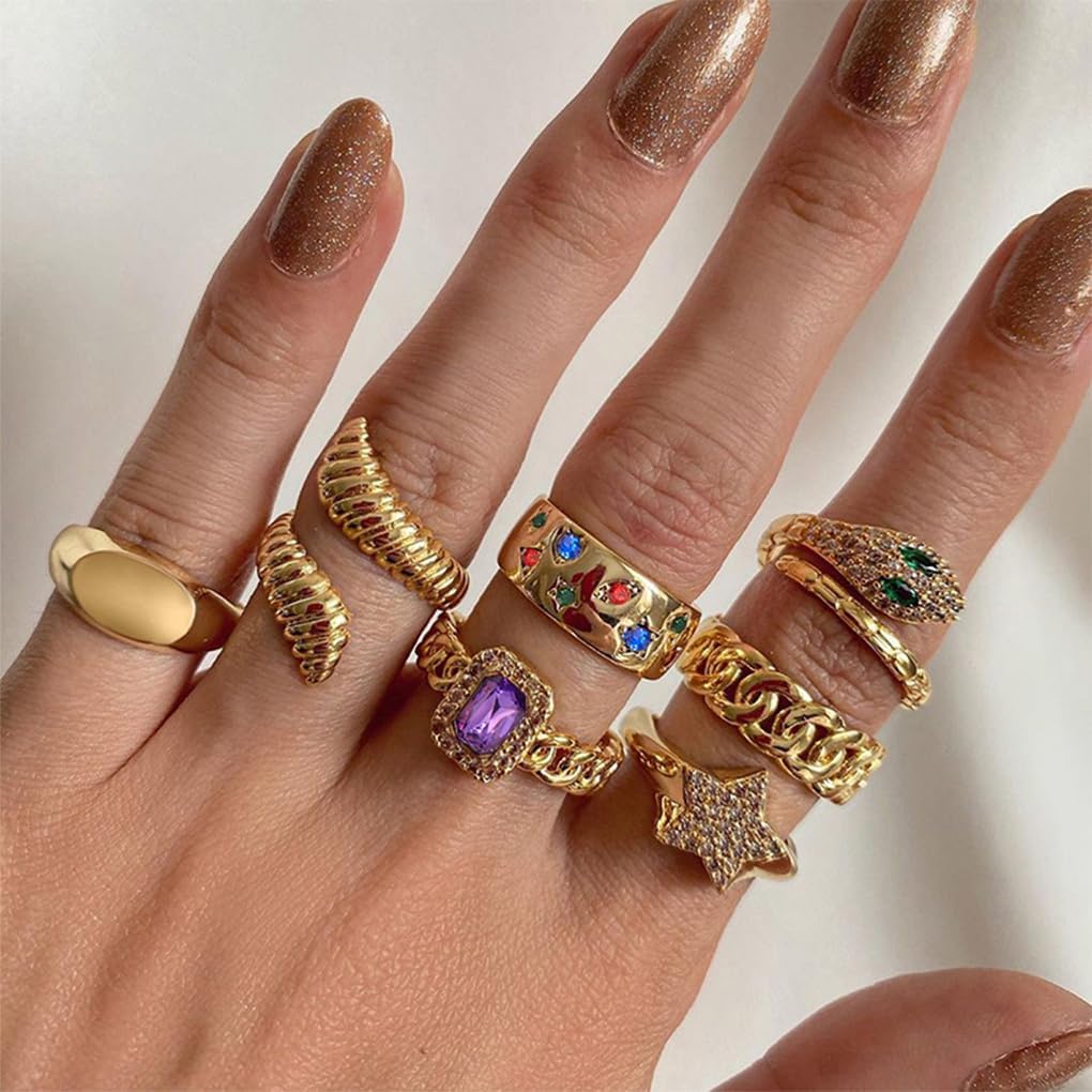 GIGB PBDK Chunky Gold Boho Ring Set for Women Fashion Adjustable Rhinestone Snake Knuckle Statement Ring Exaggerated Stackable Star Finger Ring Wedding Jewelry - Image 3