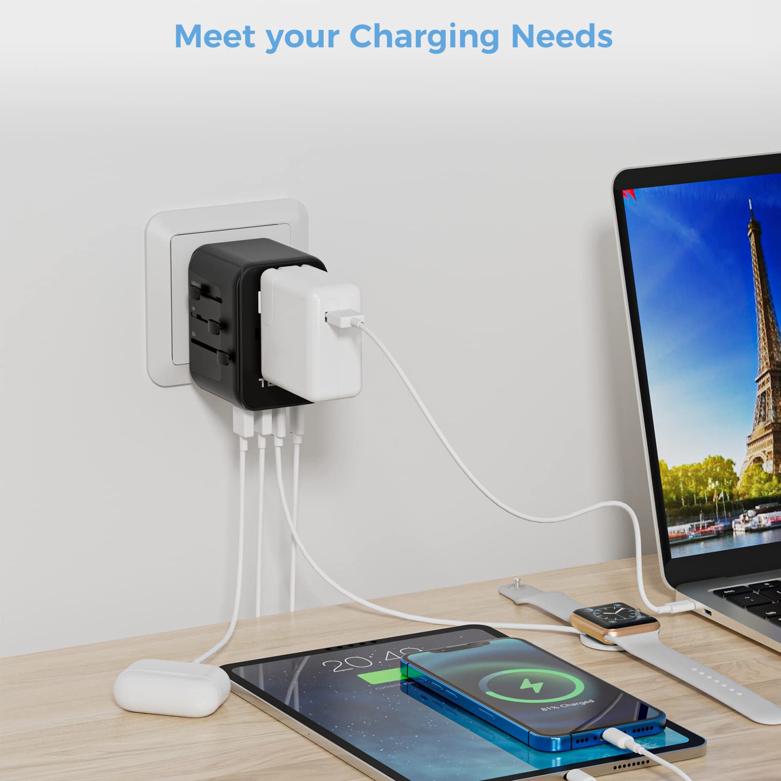 Adattatore Universale da Viaggio, TESSAN Presa Universale da Viaggio con 2 USB A e 3 USB C, Adattatore Spina Internazionale per Italia UK USA Giapponese Australia, Nero