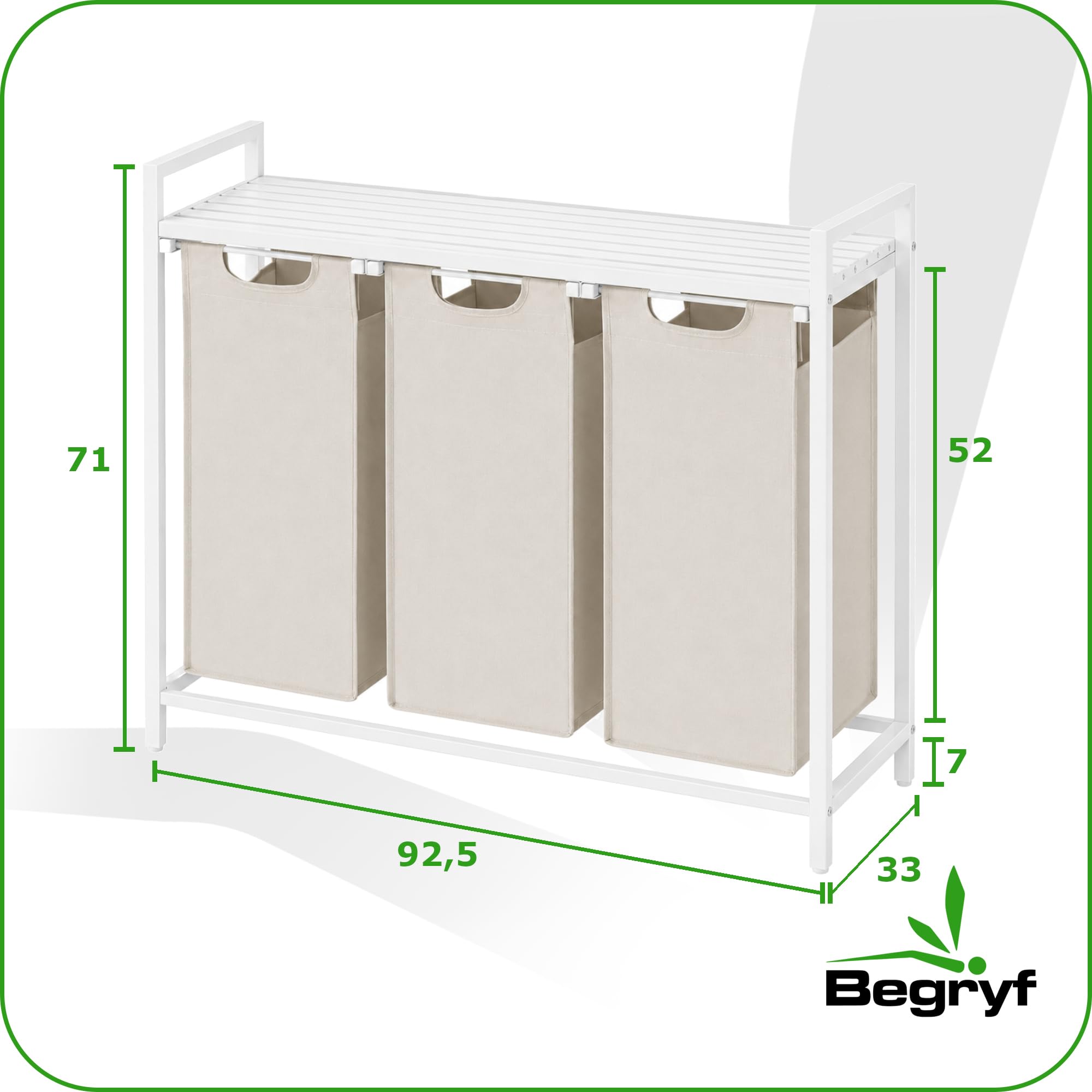 Wäschesammler 3 Fächer 114 L, Wäschekorb mit Ablage, 3 x 38 L, Sortierkorb aus Stoff, MDF und Metall, Weiß mit beigen Fächern, 92,5 x 33 x 71 cm
