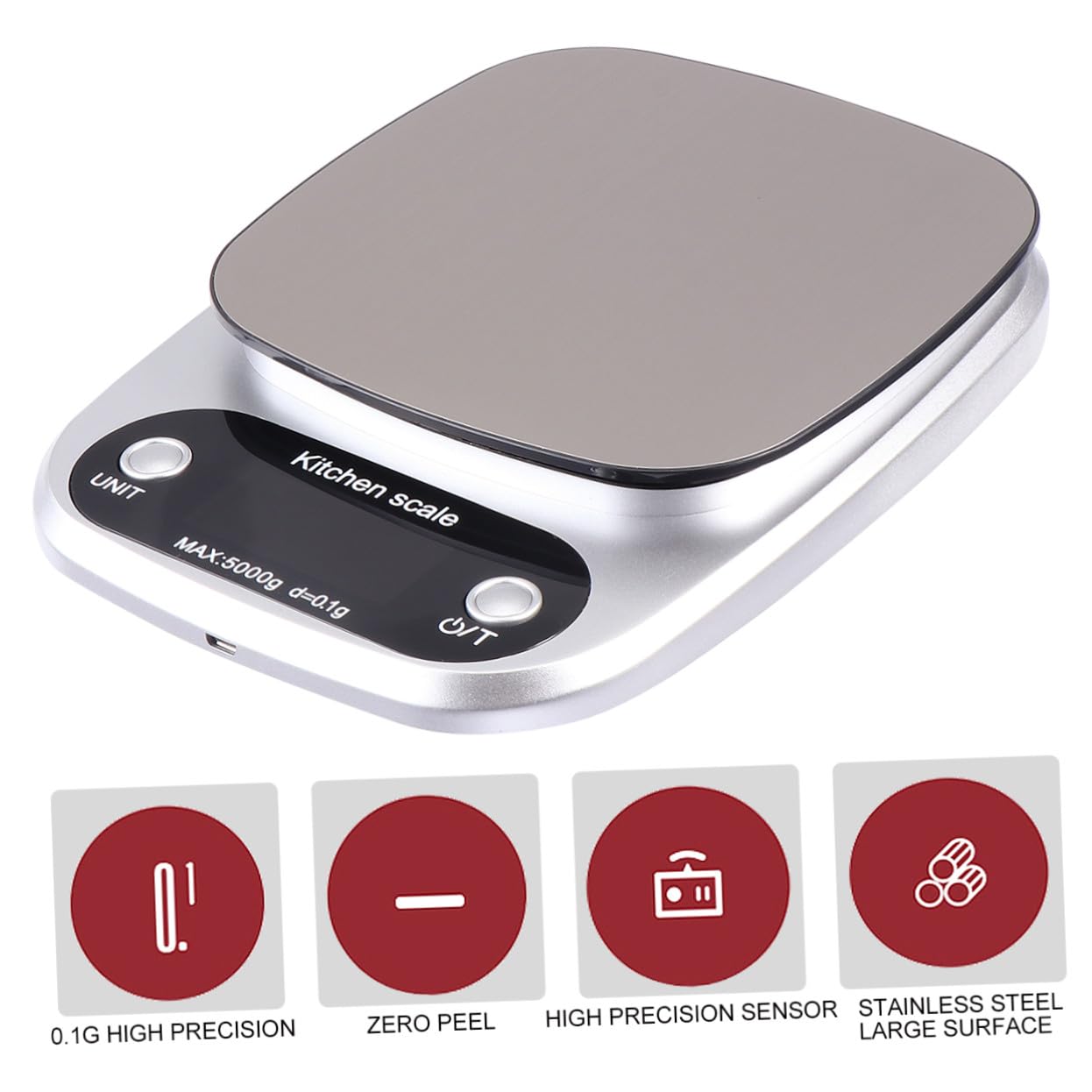 Digitale Küchenwaage 5kg 0, 1g Edelstahl Wiederaufladbar für Küche | Silberne Präzisionswaage mit LCD Anzeige, Kompakt und Leicht, für Backen, Kaffee und Schmuck
