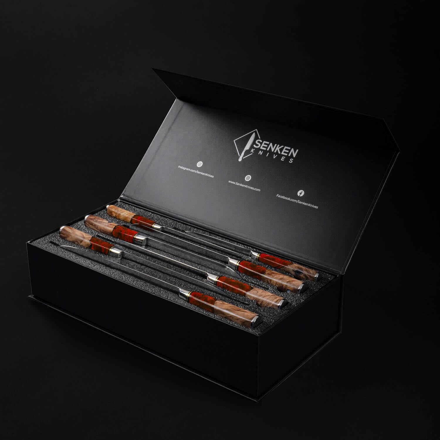 SENKEN 7-Piece Damascus Kitchen Knife Set - Tsunami Collection - 67-Layer Japanese VG10 Steel - Chef's Knife, Cleaver, Santoku, Bread, Boning, & More (Red Resin Blend) — Amazon image 7