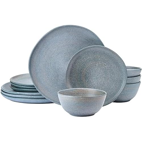 Mikasa Benson 12 Piece Stoneware Dinnerware Set, Service for 4, Plate and Bowl, Modern with Organic Freeform Shape for Everyday Dining, Blue