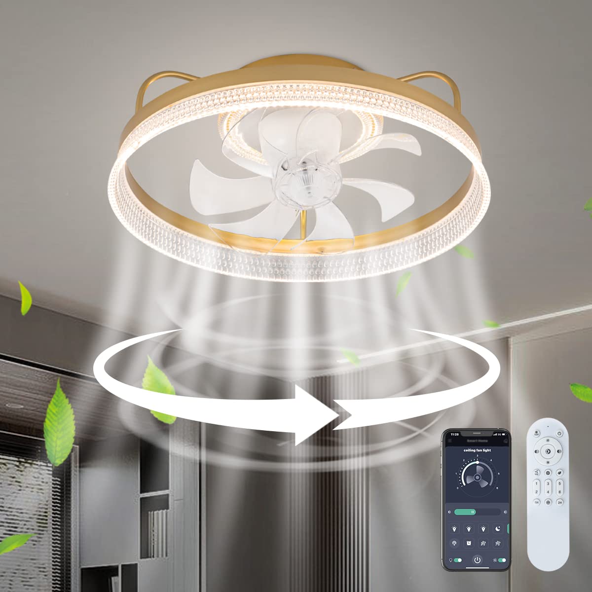 Photo 1 of JINYUDA Oscillating Ceiling Fans With Lights 20" Remote & App Control, Powerful Airflow 6 Speed, LED 3 Color & Dimmable Brightness Lighting, 1/2H Timer, Low Profile Ceiling Fan for Bedroom Living Room Gold Modern