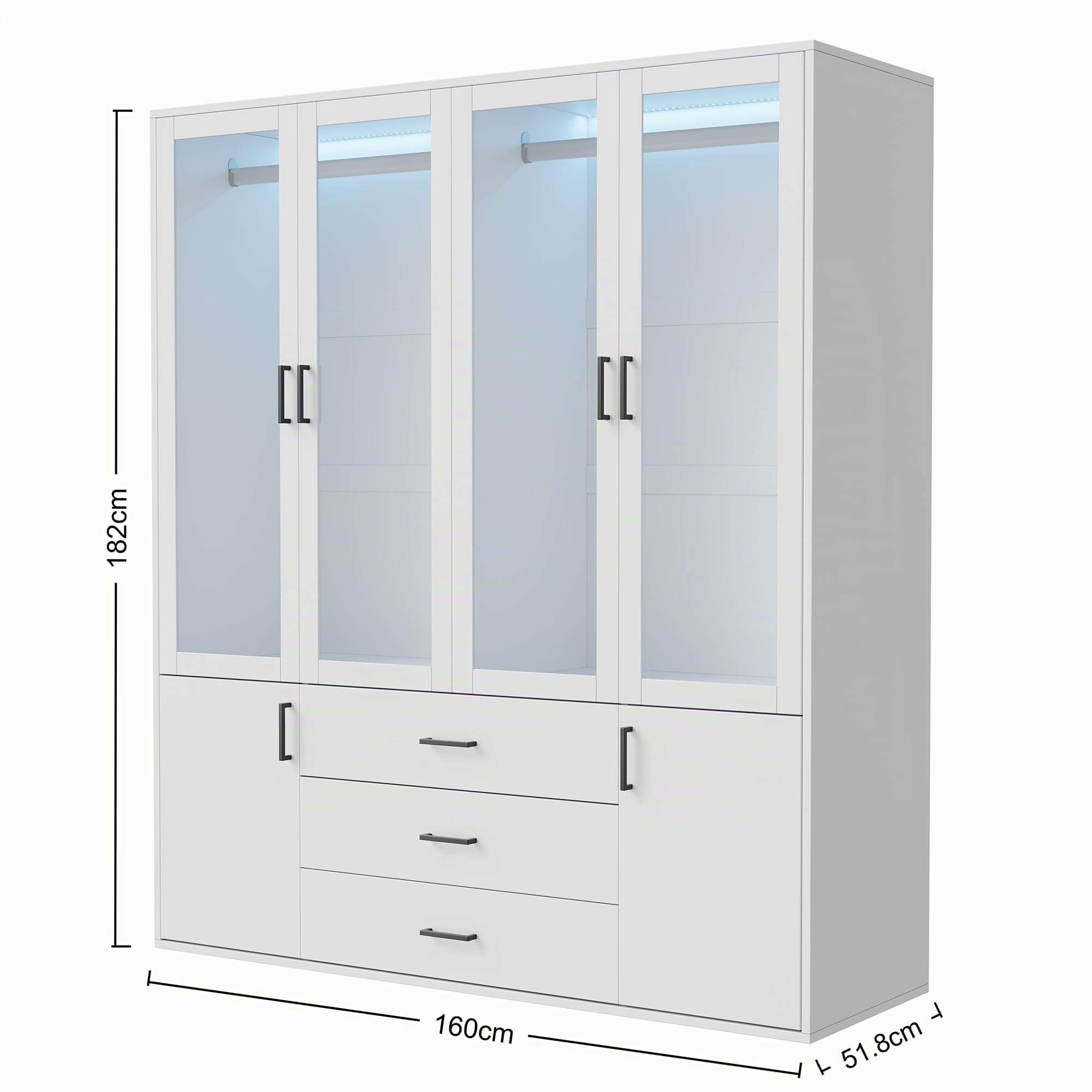 Armadio bianco con LED, 160 cm di larghezza, con porte girevoli, 4 ante in vetro, 2 porte, 3 cassetti, appendiabiti, armadio moderno, per camera da letto
