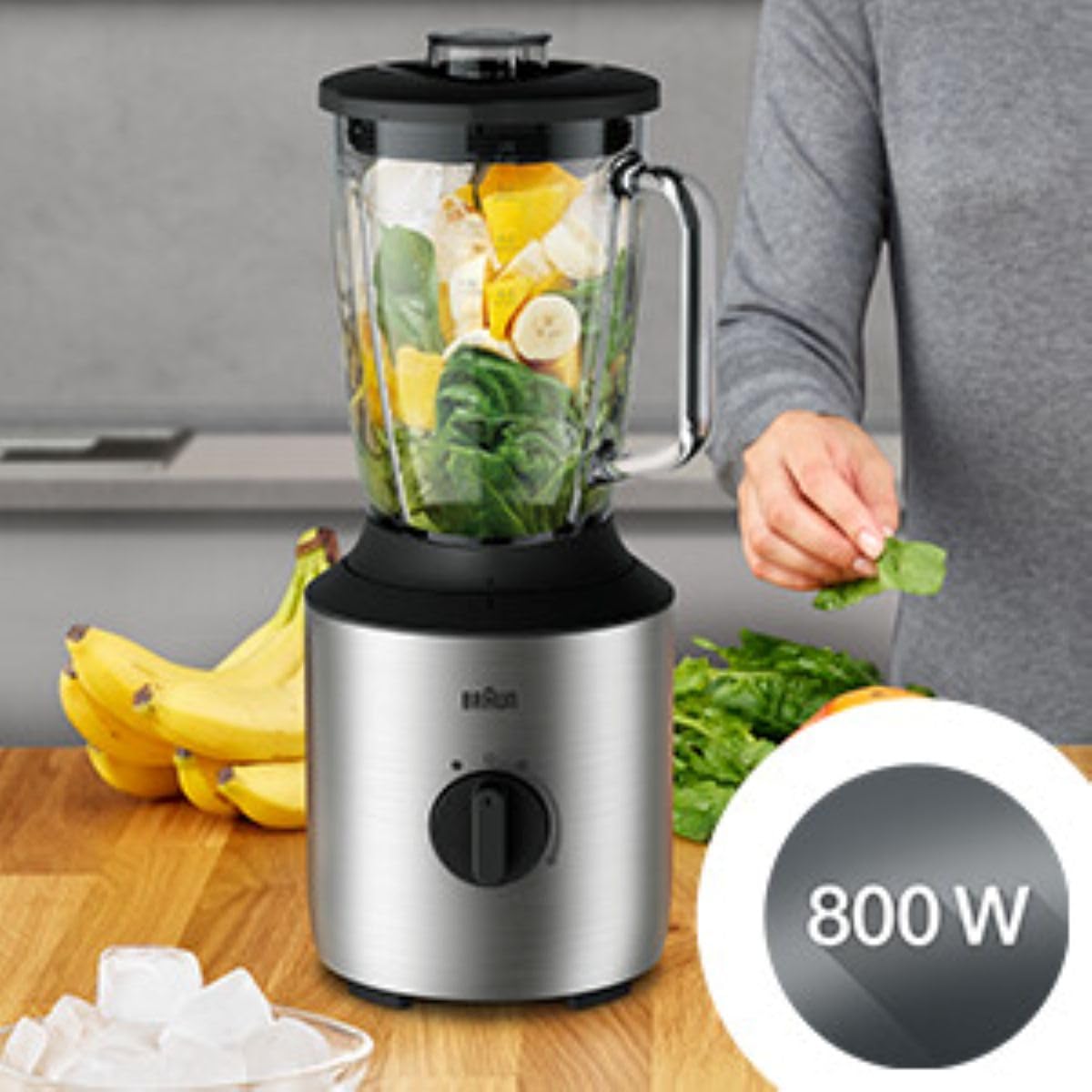 Braun Household PowerBlend 3 JB 3272 mikser stojący – szklana nasadka do miksowania 1,5 l, pomocnik kuchenny do rozdrabniania, przecierania i miksowania, w zestawie 2 butelki Smoothie2Go, 800 W, stal