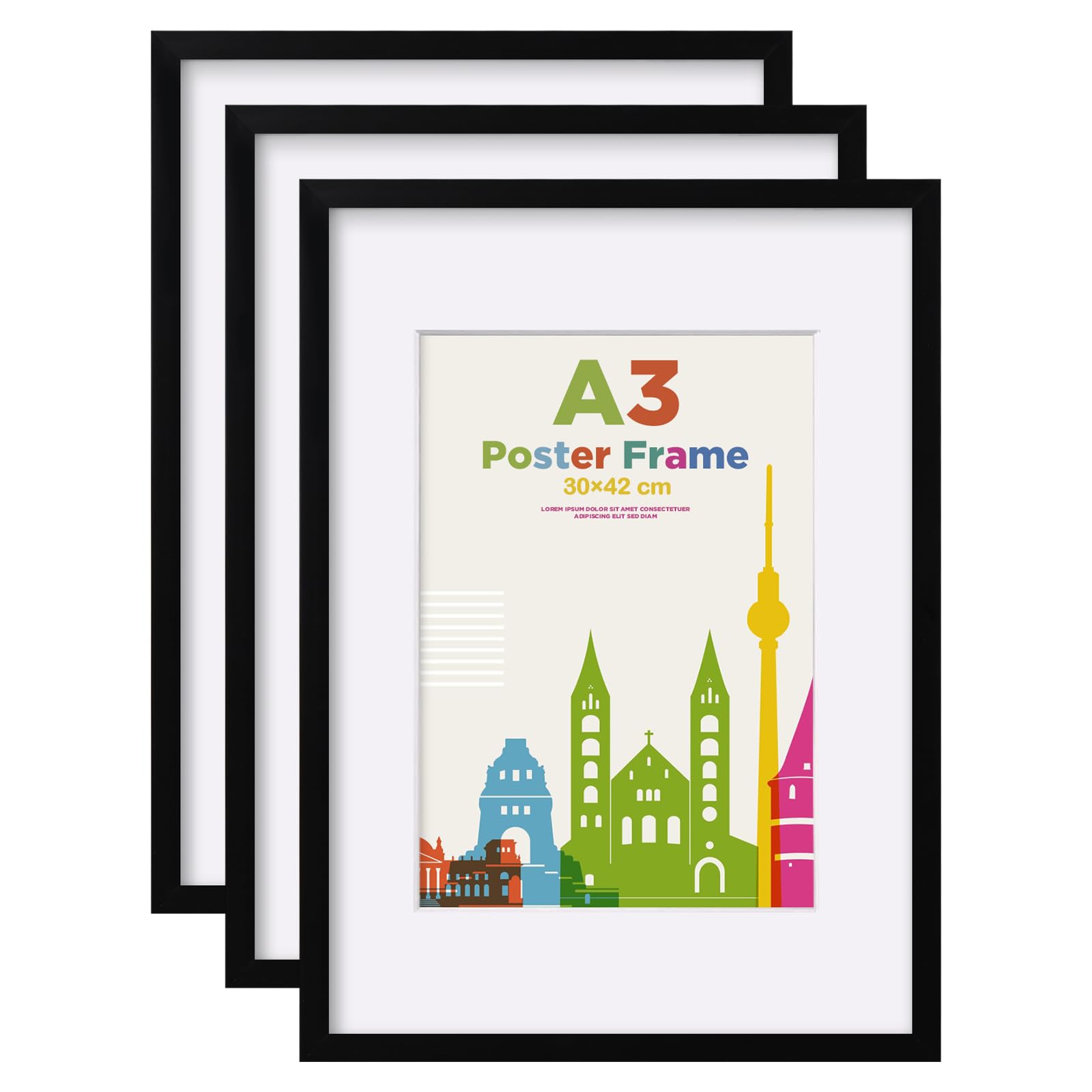 EGOFINE A3 Picture Frames 3Pcs Covered by Plexiglass, Display Picture A4 with Mat or A3 without Mat, A3 Photo Frame with Real Glass - Horizontal or Vertical for Wall Hanging, Black โ image 1