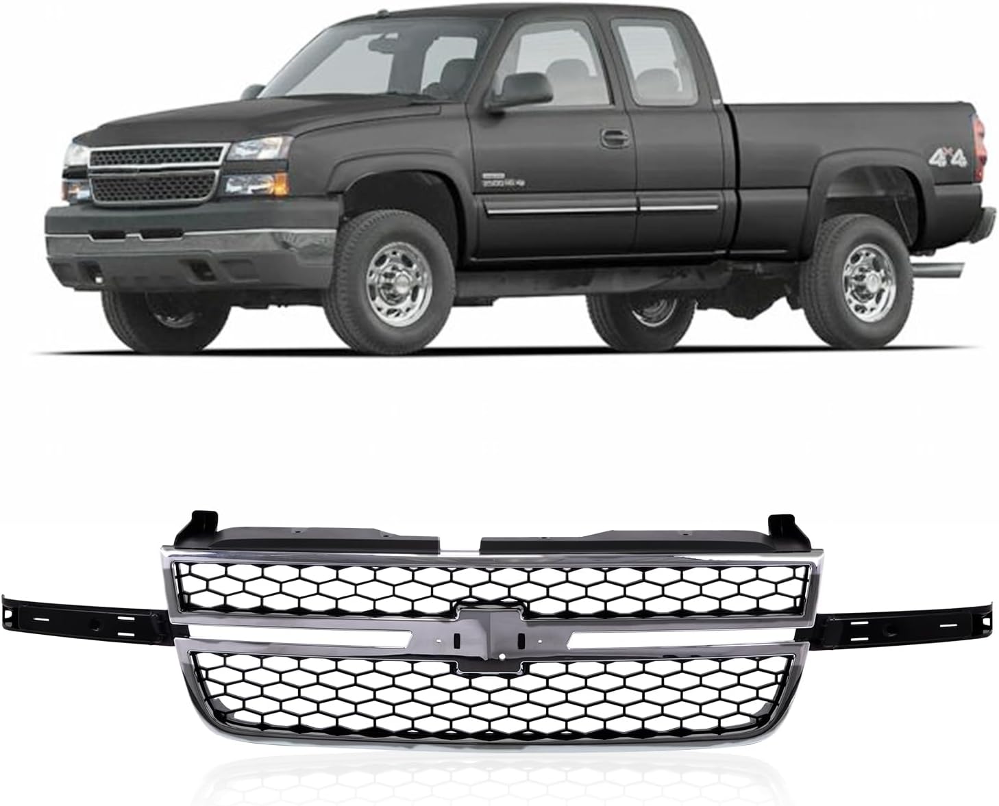 Front Grille Grill Chrome Frame Black Honeycomb Insert Compatible With Silverado 2003-2006 1500 HD / 2500 HD / 3500 &2007 1500 HD/2500 HD/ 3500 Classic GM1200546 (W/O Molding Trim)