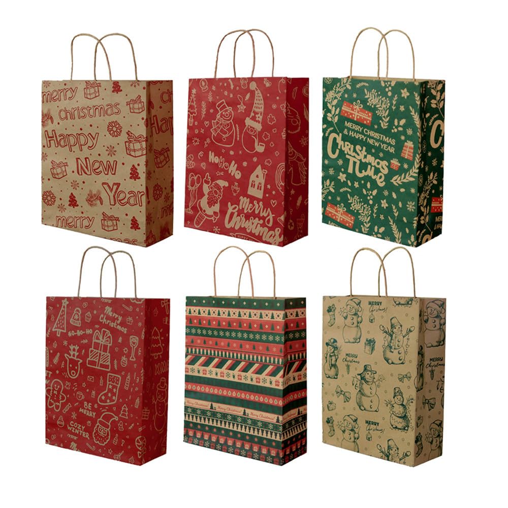 NIXNUT 12pcs Christmas Paper Bags Kraft Reusable Present Treat Gift Bag with Handles for Cookie Candy Baking Xmas Party