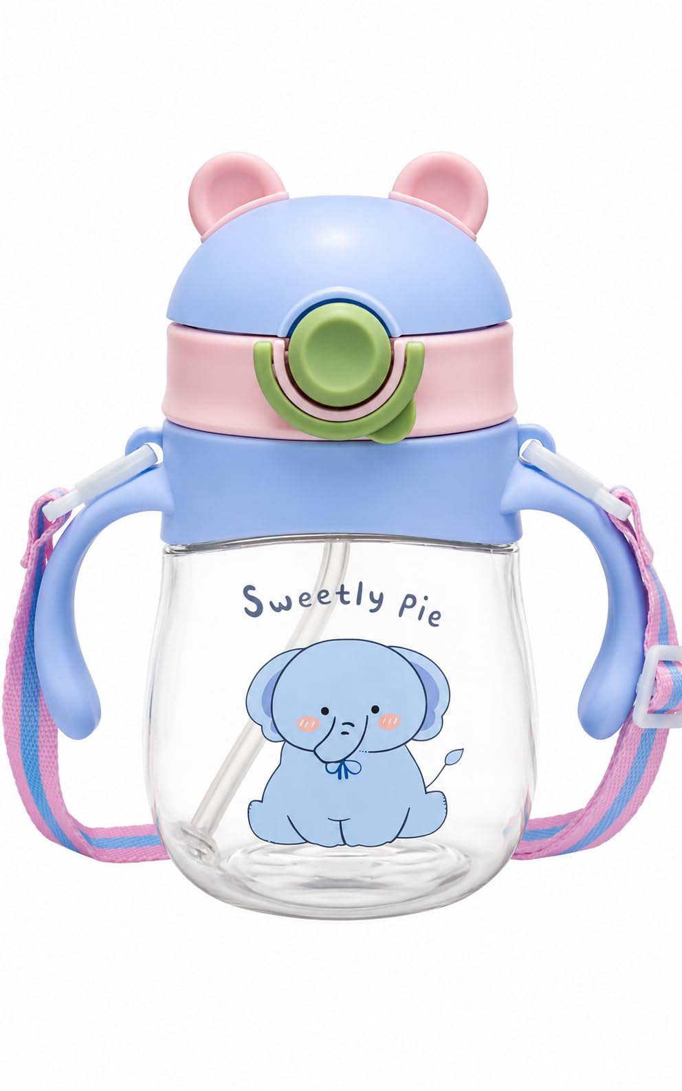 sweetly pie kids sippy cup with straw & handles, 300ml (blue) | bear ear lid design, adjustable shoulder strap, one-press button cap, dual grip handles, 6 inch tall