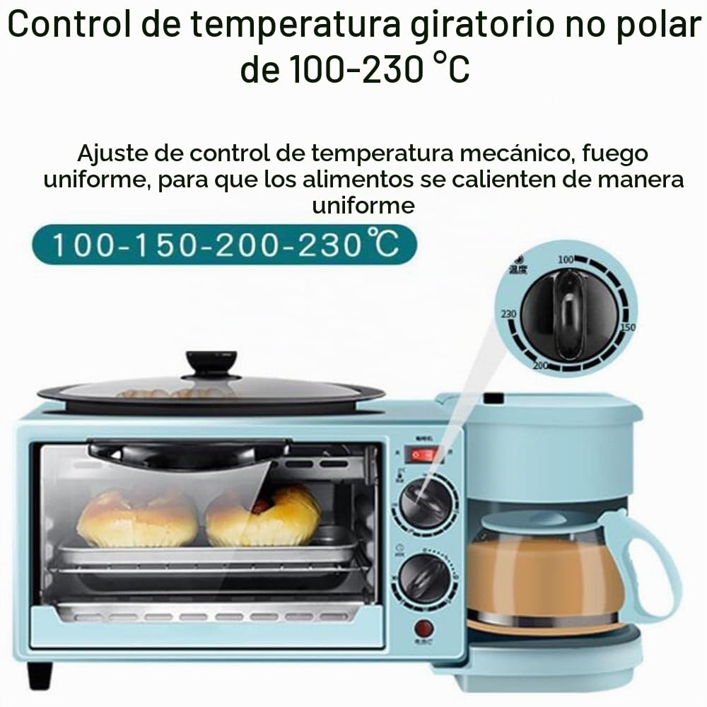 Estación for hacer desayuno 3 en 1, máquina de desayuno multifunción con horno eléctrico tostador de 9 litros, cafetera de 600 ml, sartén antiadherente, sandwichera de huevo, control de temperatura (