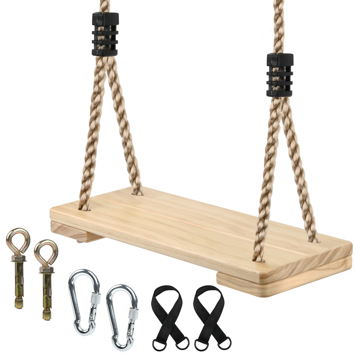 Altalena Legno, Sedile Altalena per Bambini, Altalenas In Legno da Giardino con Corda in Canapa Regolabile, Altalenas da Giardino per Adulti, per Interni e Esterni - Max Portata 200 kg