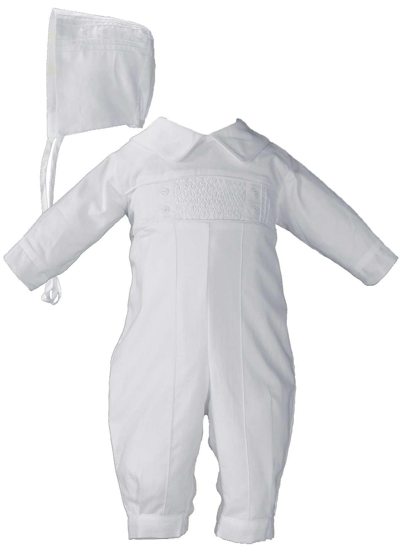Hand Smocked Pin Tucked, Long Sleeve, Long Pant Christening Baptism Coverall, 12 Month White