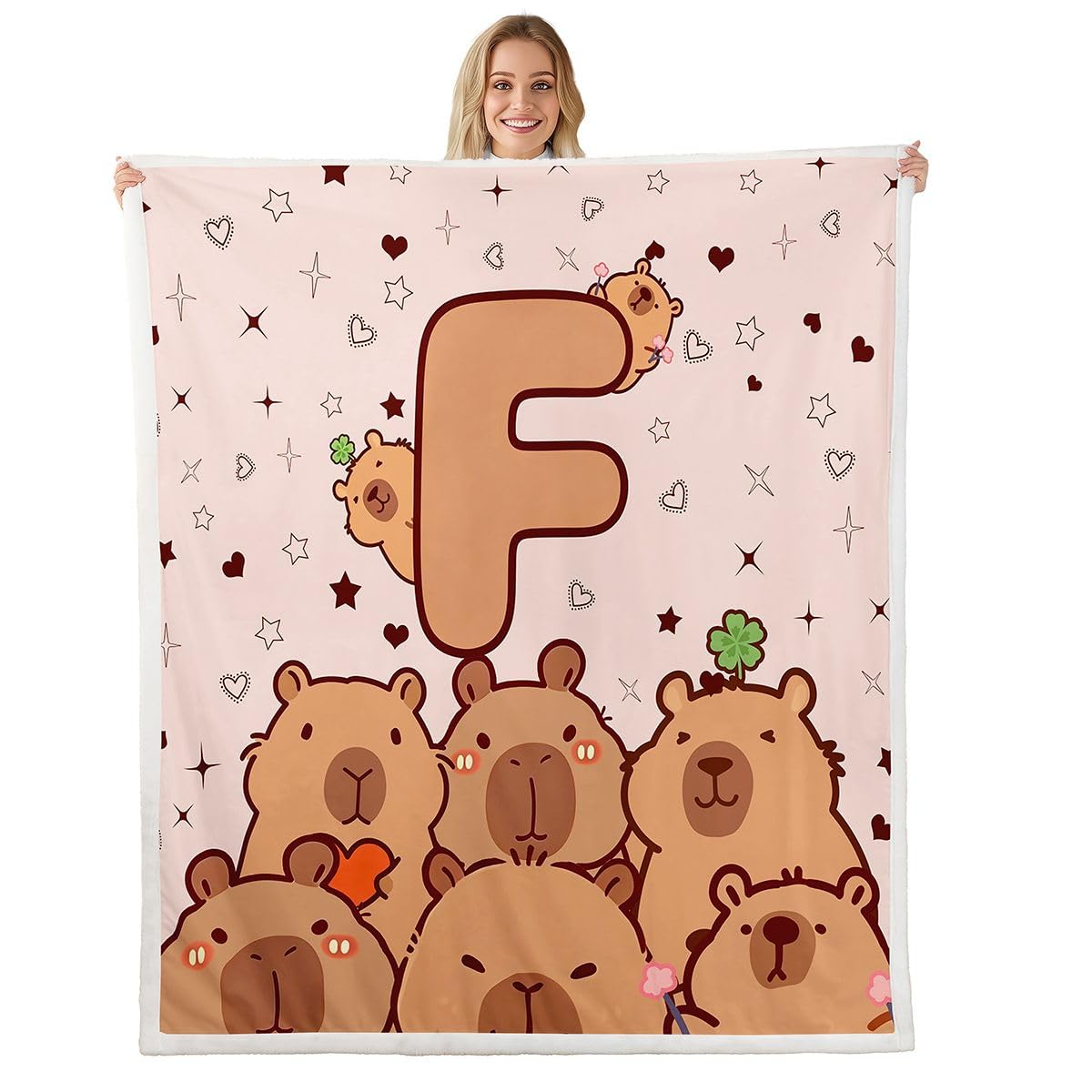 Loussiesd Zabawny koc z kapibarami kreskówka kapibara miękki polar szerpa przytulny puszysty pluszowy ciepły inicjał F puszysty pluszowy koc kawaii zwierzęta podwójne 152 x 180 cm na łóżko kanapę