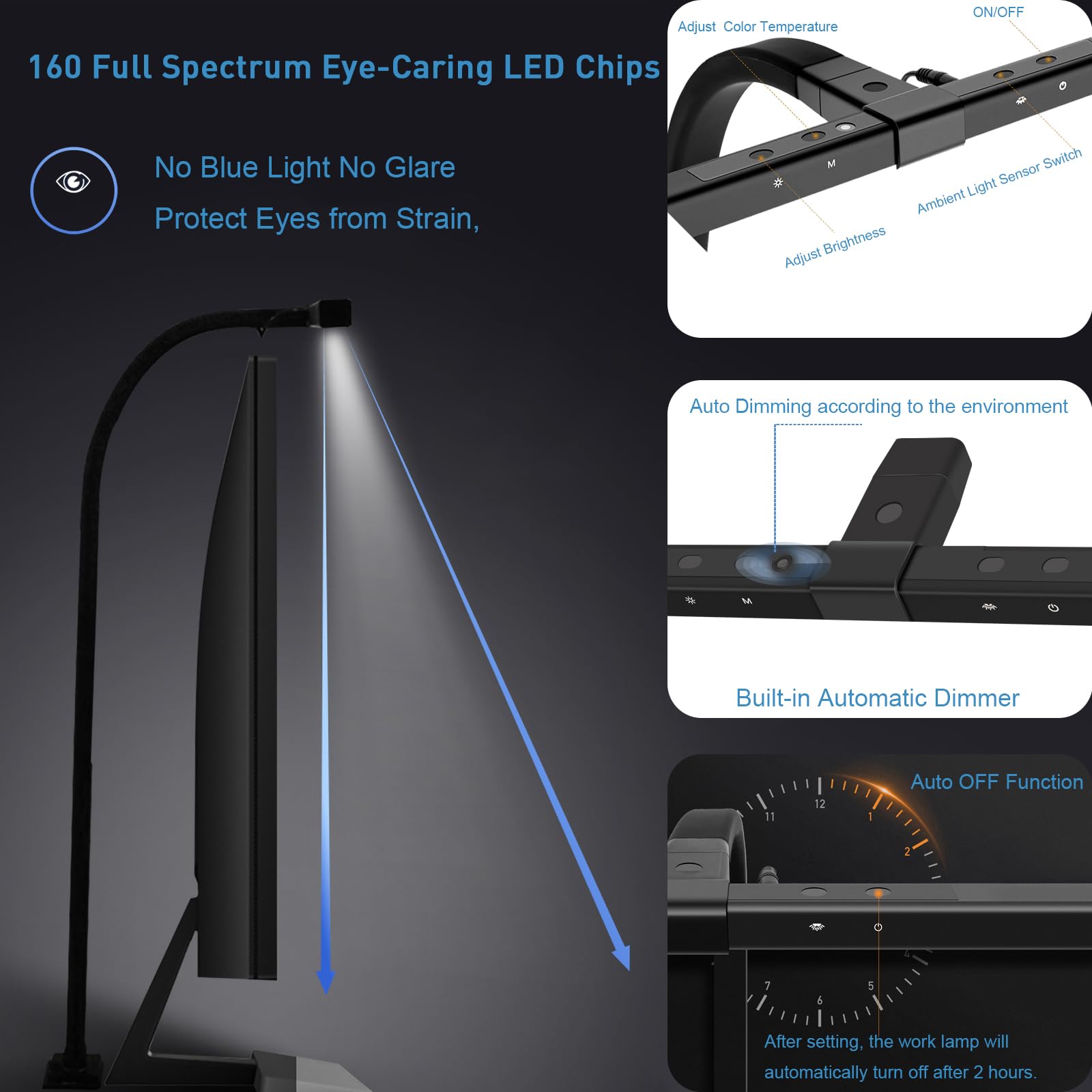 EYOCEAN Schreibtischlampe LED mit Auto-Dimmen, 80cm Tischlampe Klemmbar mit einstellbarer Farbtemperaturen, Augenschutz Vollspektrum Tageslichtlampe, Klemmleuchte mit Timer Funktion