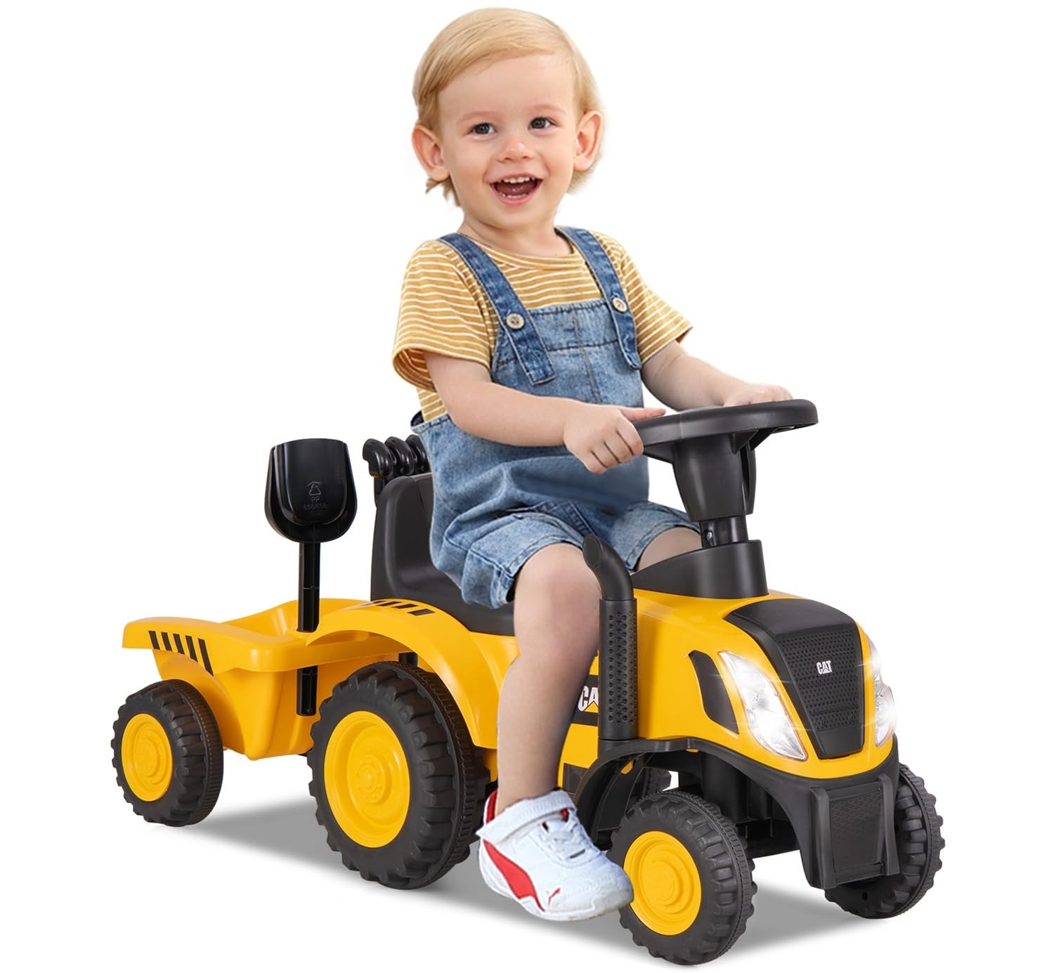 Licensed Caterpillar Ride on Tractor by OLAKIDS, 2 in 1 Ride on Push Car with Detachable Trailer, Headlight, Horn, Rake, Shovel, Foot to Floor Walker Toy Sliding Truck Gift for Kids Toddler