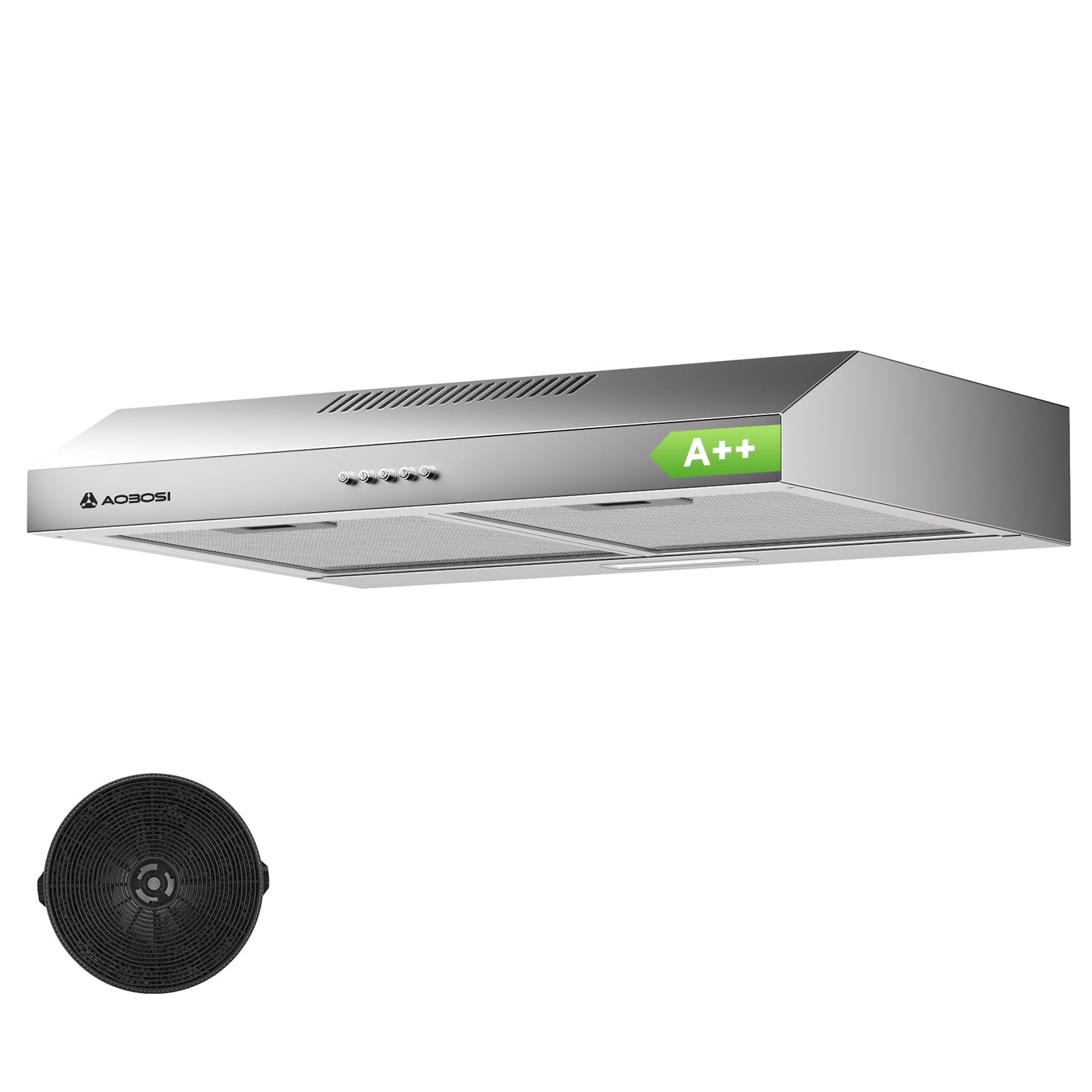 AAOBOSI A++ Cappa Aspirante 60 cm, 3 Livelli di Potenza, 230m³/h Cappa Cucina, Ricircolo e Scarico Aria con Filtro, Dotato di LED, Acciaio Inox Argento