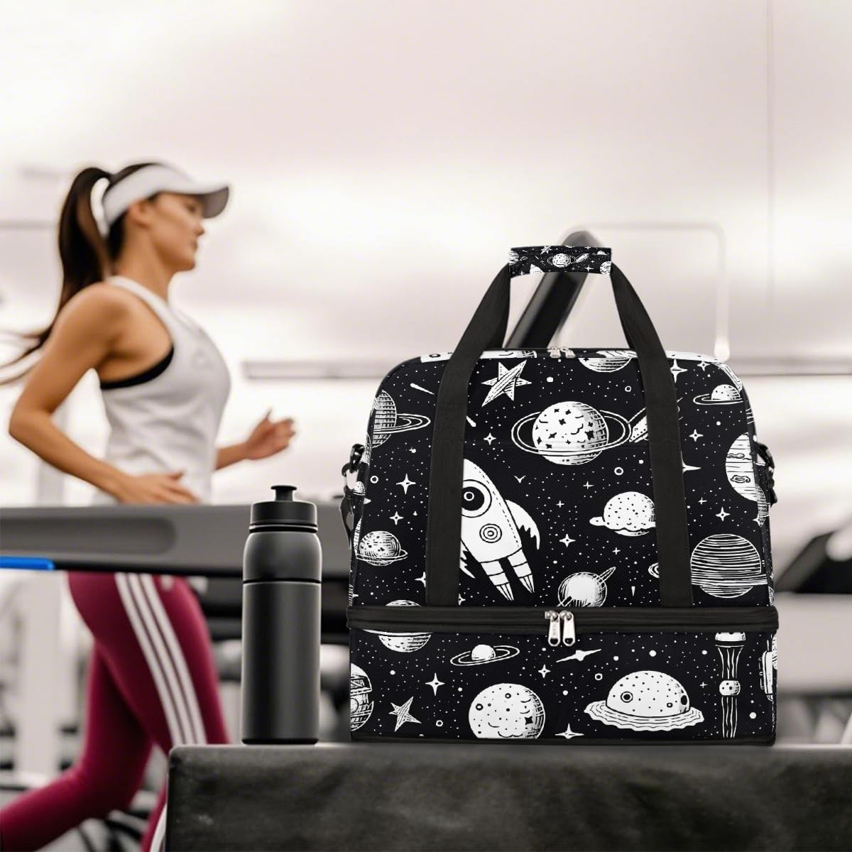 Borsa da viaggio pieghevole astratta con pianeta spaziale, borsa da palestra espandibile con scomparto per scarpe, borsa da fine settimana di grande capacità, borsa da viaggio per viaggi, sport