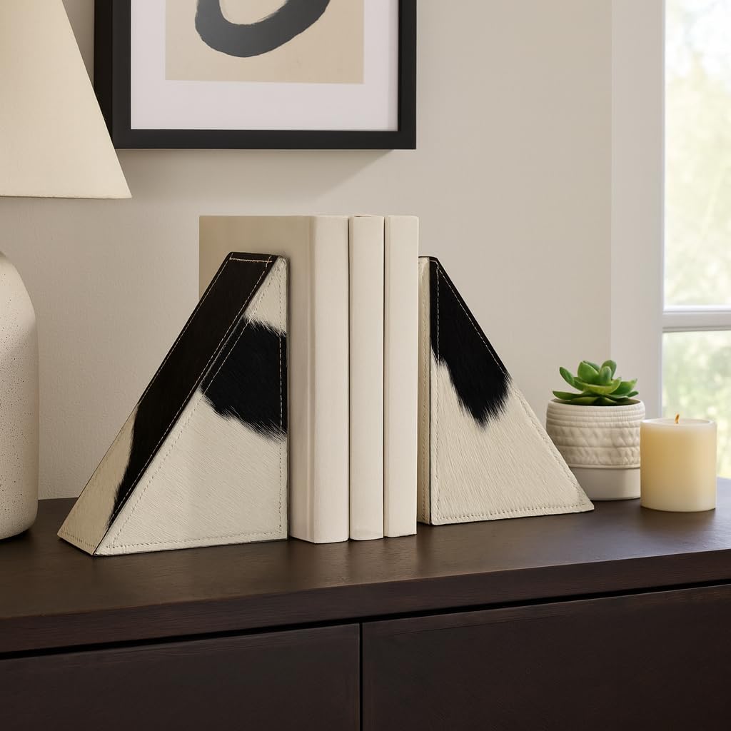 Bookends for Shelves and Bookshelf Decor – Triangular Decorative Bookends with Cowhide Leather Wrapped Finish – Sturdy Bookends Perfect for Home Library, Office, and Desk Decor – 7" Ivory & White