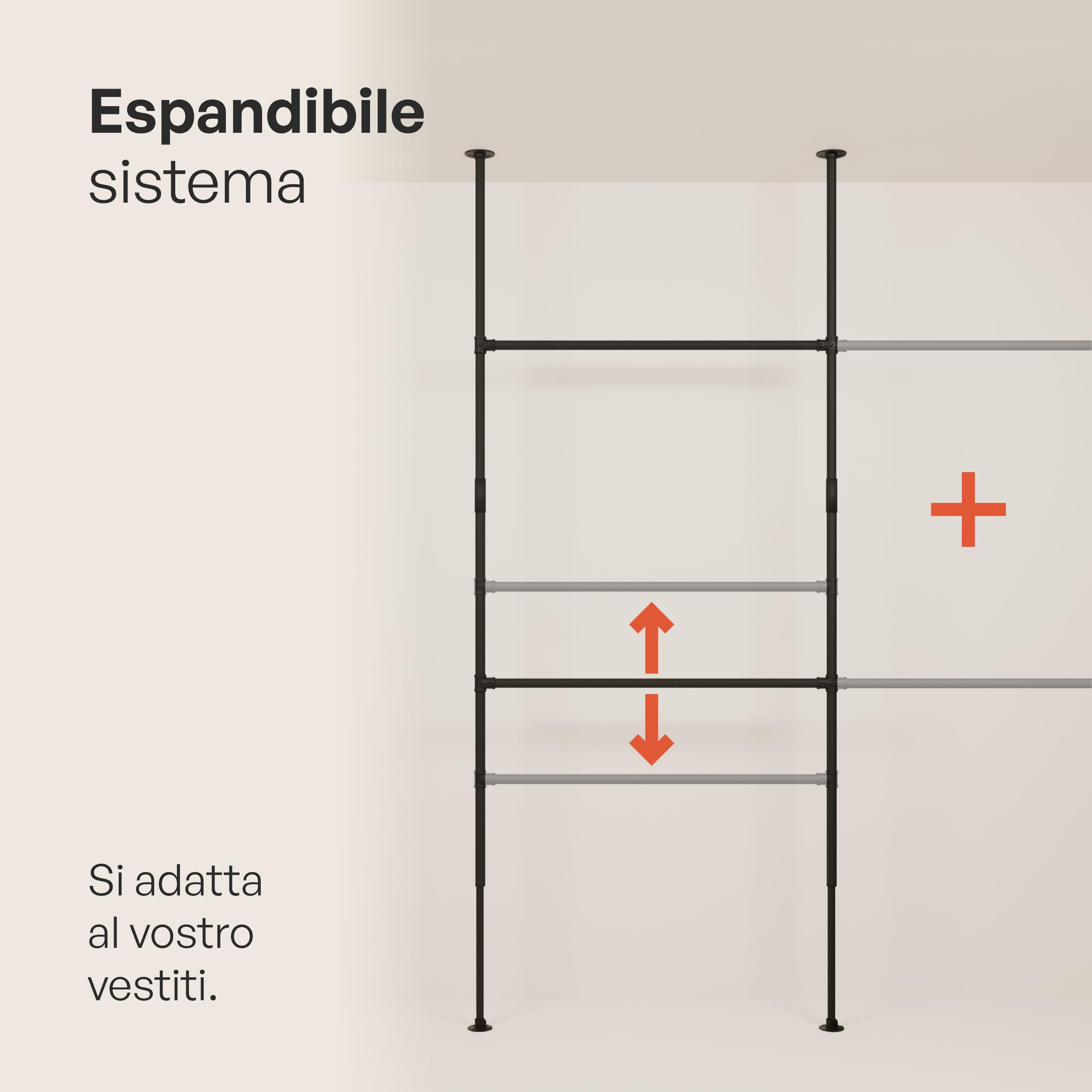 pamo Kleiderstange im Industrial Design - LOFT III - Teleskop Stangen System als offenes System | Kleiderschrank aus stabilen Rohren - ohne Bohren