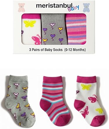 Baby   Minik Ayaklara Tatl  Dokunu ! Pamuklu 3 l  Bebek  orap Seti 0 12 Ay, Kalpli, Kelebekli,  izgili, Hediyelik Kutulu