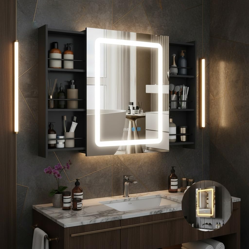 YU YUSING Spiegelschrank Bad mit LED Beleuchtung 55-103x16x70cm, Badezimmerschrank mit 2 verschiebbare Stauräume 6 Regale, LED Spiegel, Beschlagfrei, 3 Farben Dimmbar, Wasserdicht, Badschrank Schwarz